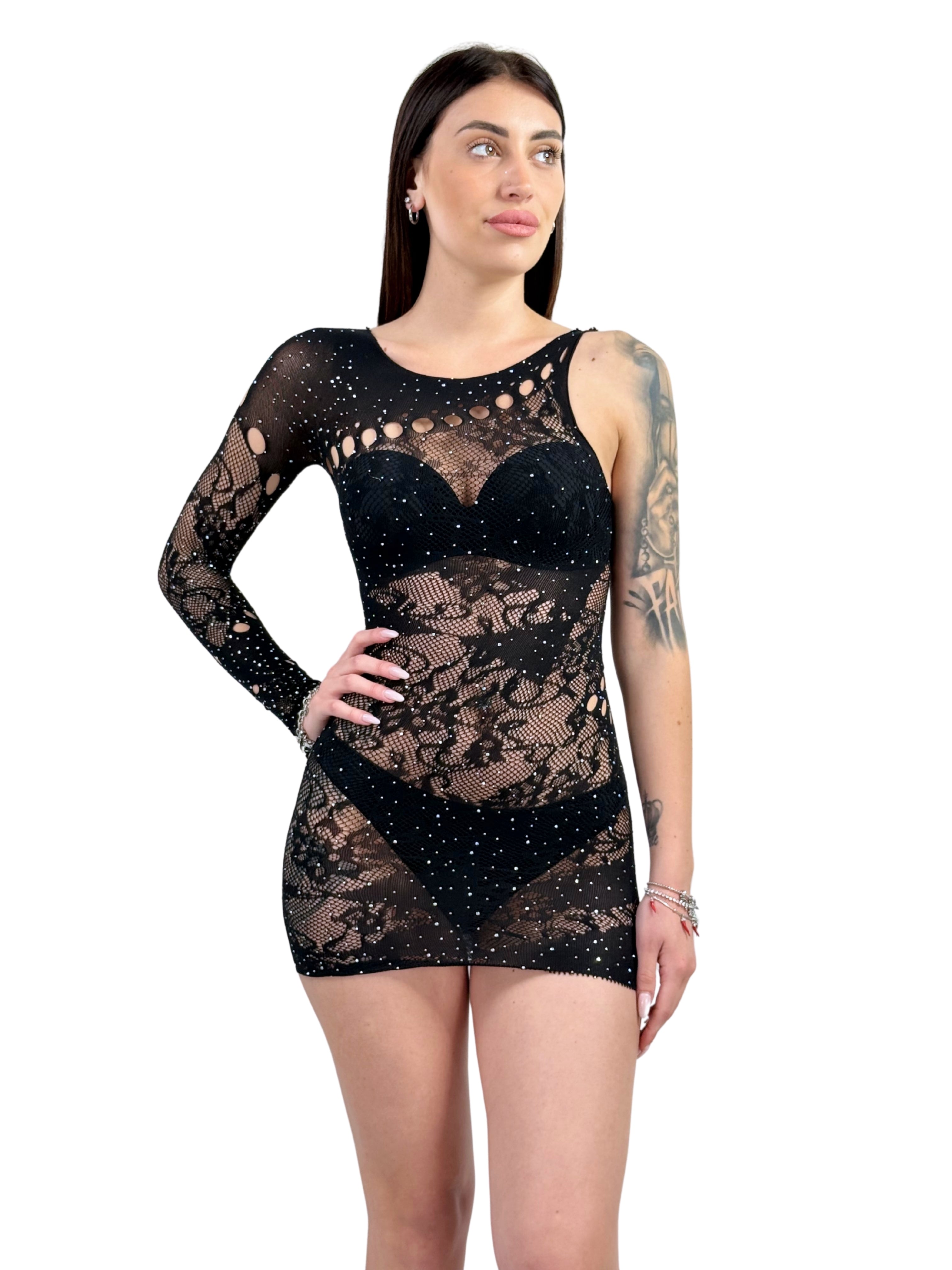 Mini abito in rete con strass, inserti cut-out e dettagli in pizzo-Pink Babol