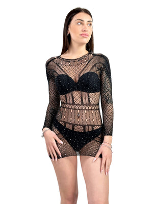 Mini abito in rete geometrica con strass e maniche lunghe-Pink Babol