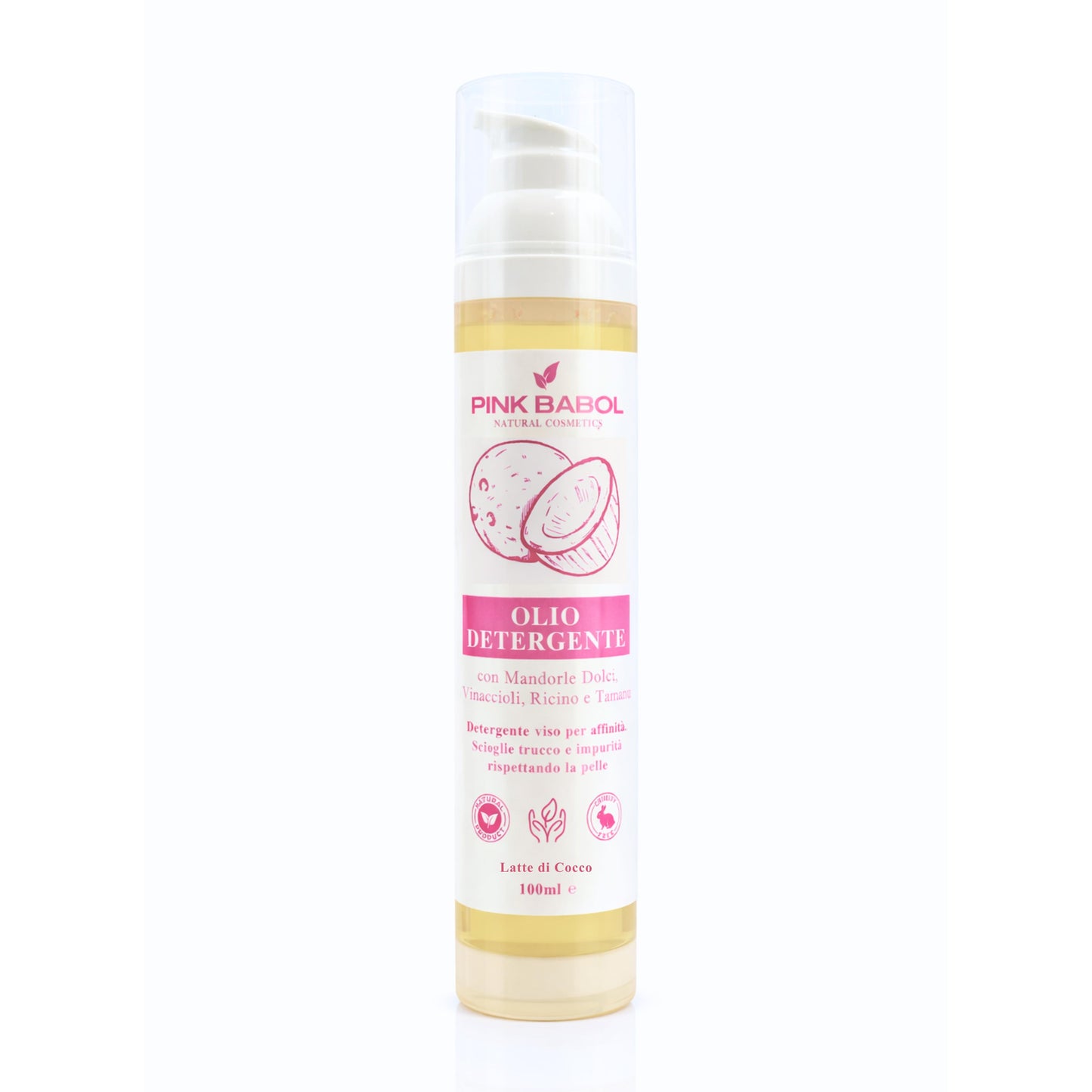 Olio Detergente Viso con Mandorle Dolci, Vinaccioli, Ricino e Tamanu - Deterge per affinità, scioglie trucco e impurità rispettando la pelle-Pink Babol