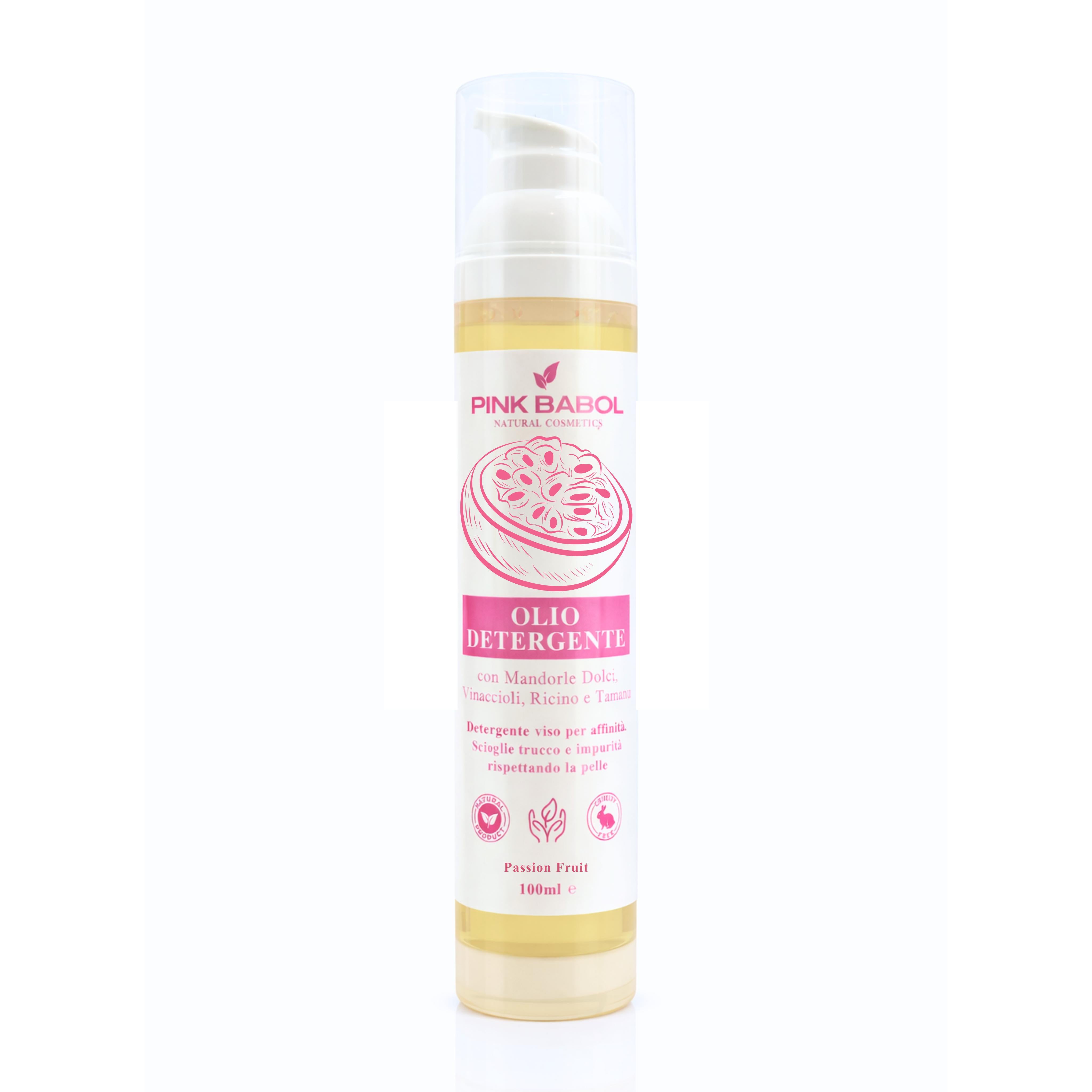 Olio Detergente Viso con Mandorle Dolci, Vinaccioli, Ricino e Tamanu - Deterge per affinità, scioglie trucco e impurità rispettando la pelle-Pink Babol