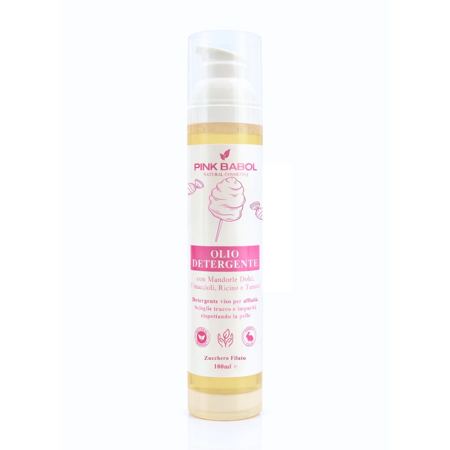 Olio Detergente Viso con Mandorle Dolci, Vinaccioli, Ricino e Tamanu - Deterge per affinità, scioglie trucco e impurità rispettando la pelle-Pink Babol