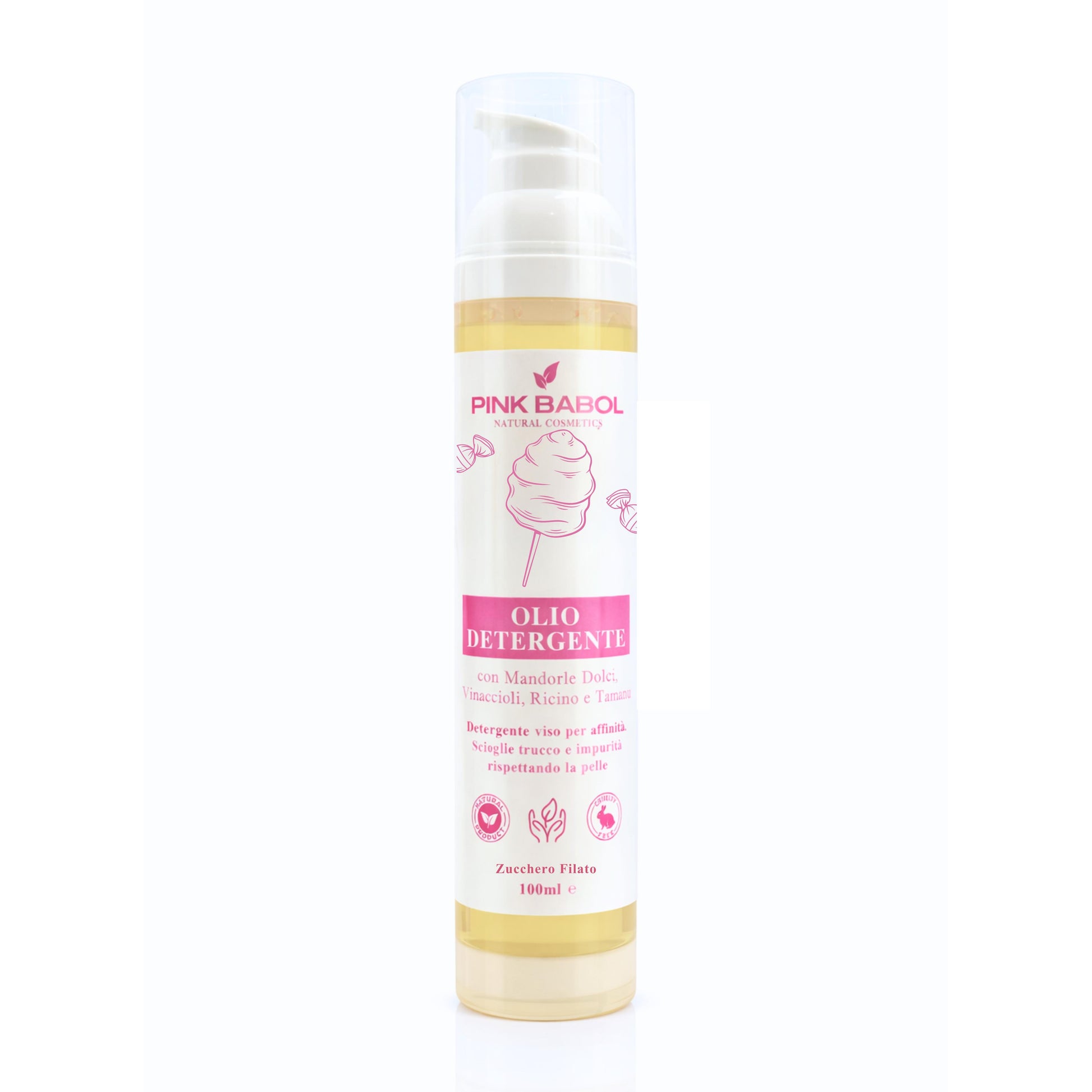 Olio Detergente Viso con Mandorle Dolci, Vinaccioli, Ricino e Tamanu - Deterge per affinità, scioglie trucco e impurità rispettando la pelle-Pink Babol