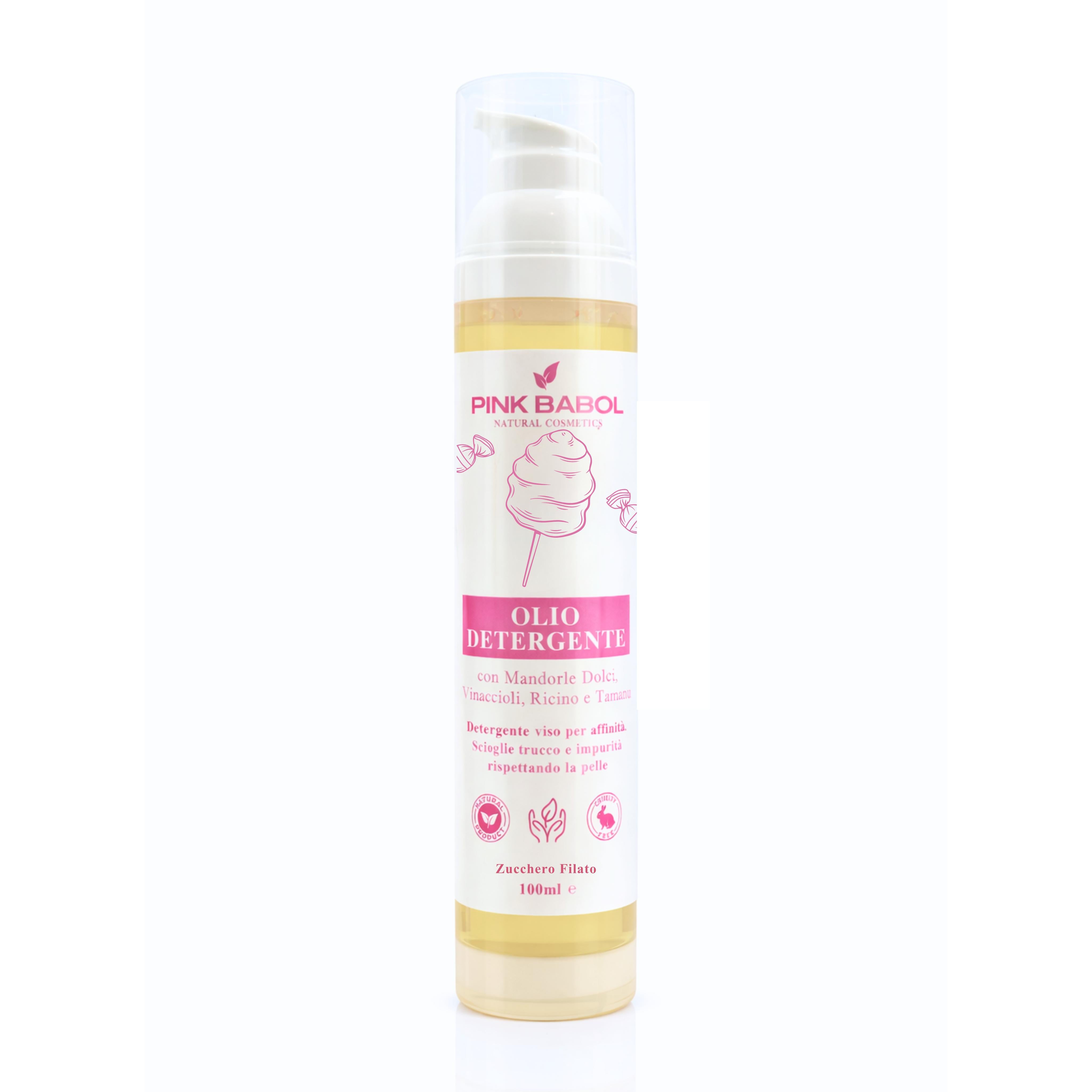 Olio Detergente Viso con Mandorle Dolci, Vinaccioli, Ricino e Tamanu - Deterge per affinità, scioglie trucco e impurità rispettando la pelle-Pink Babol