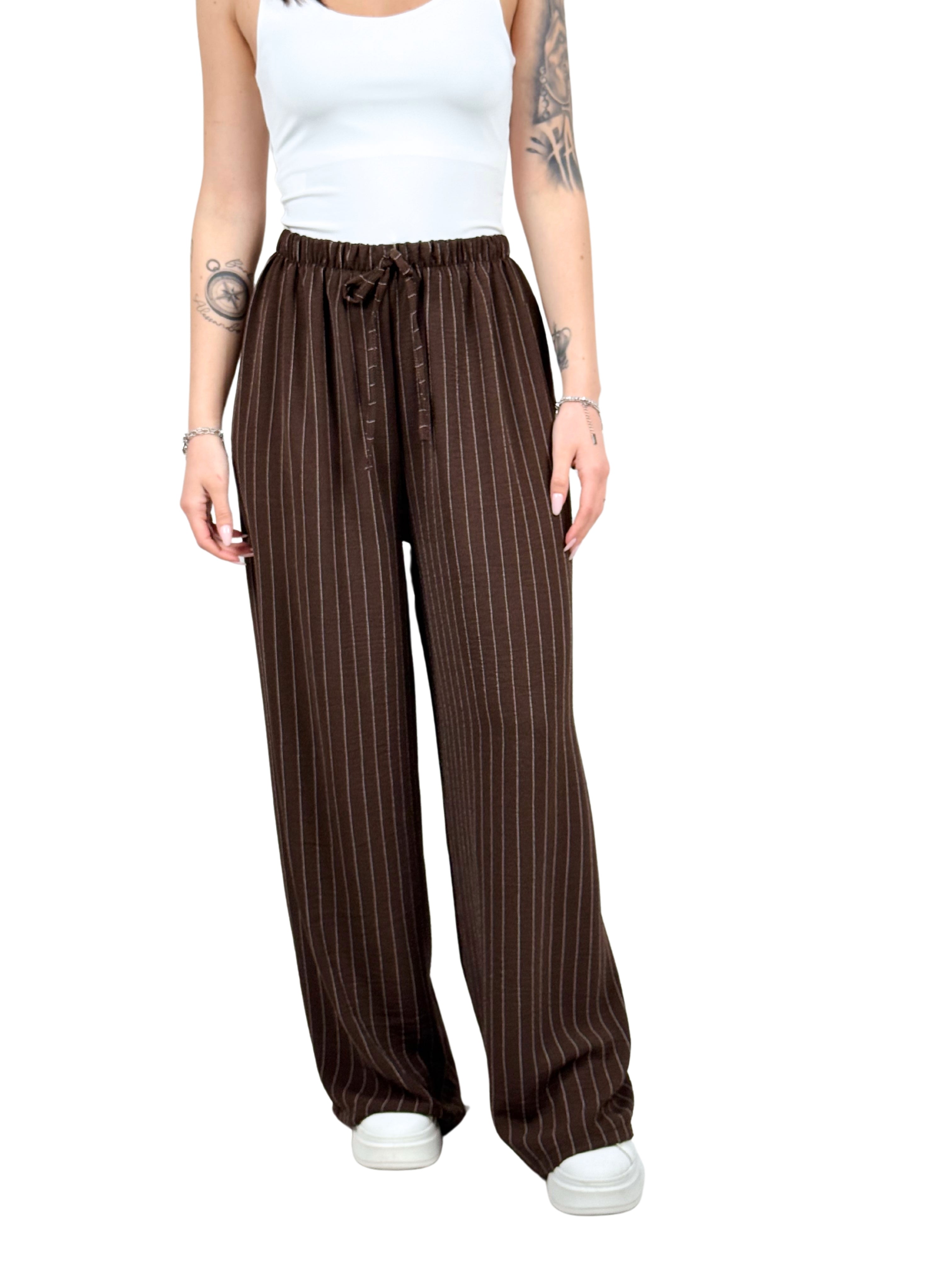 Pantalone a palazzo gessato effetto lino-Pink Babol