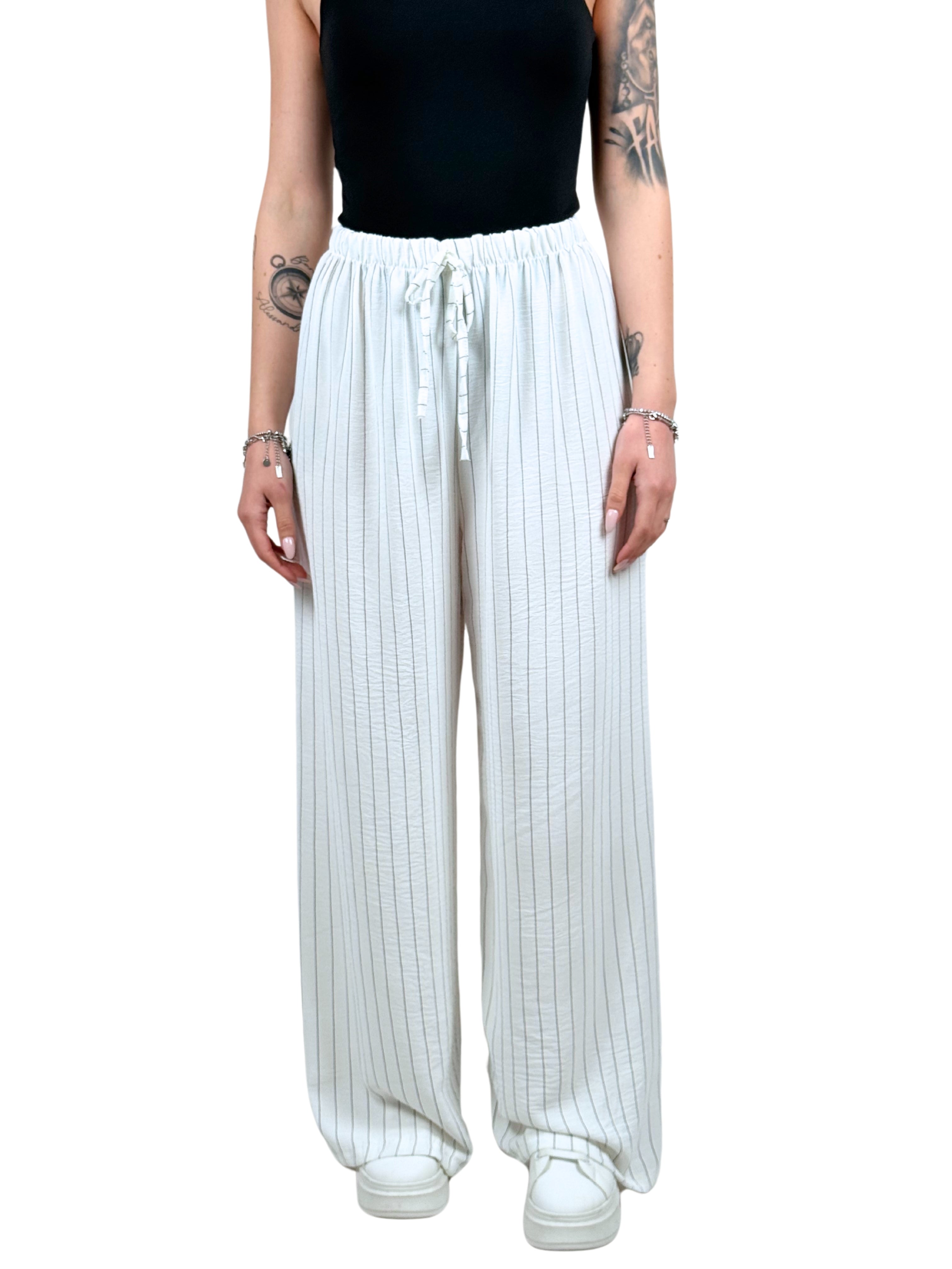 Pantalone a palazzo gessato effetto lino-Pink Babol