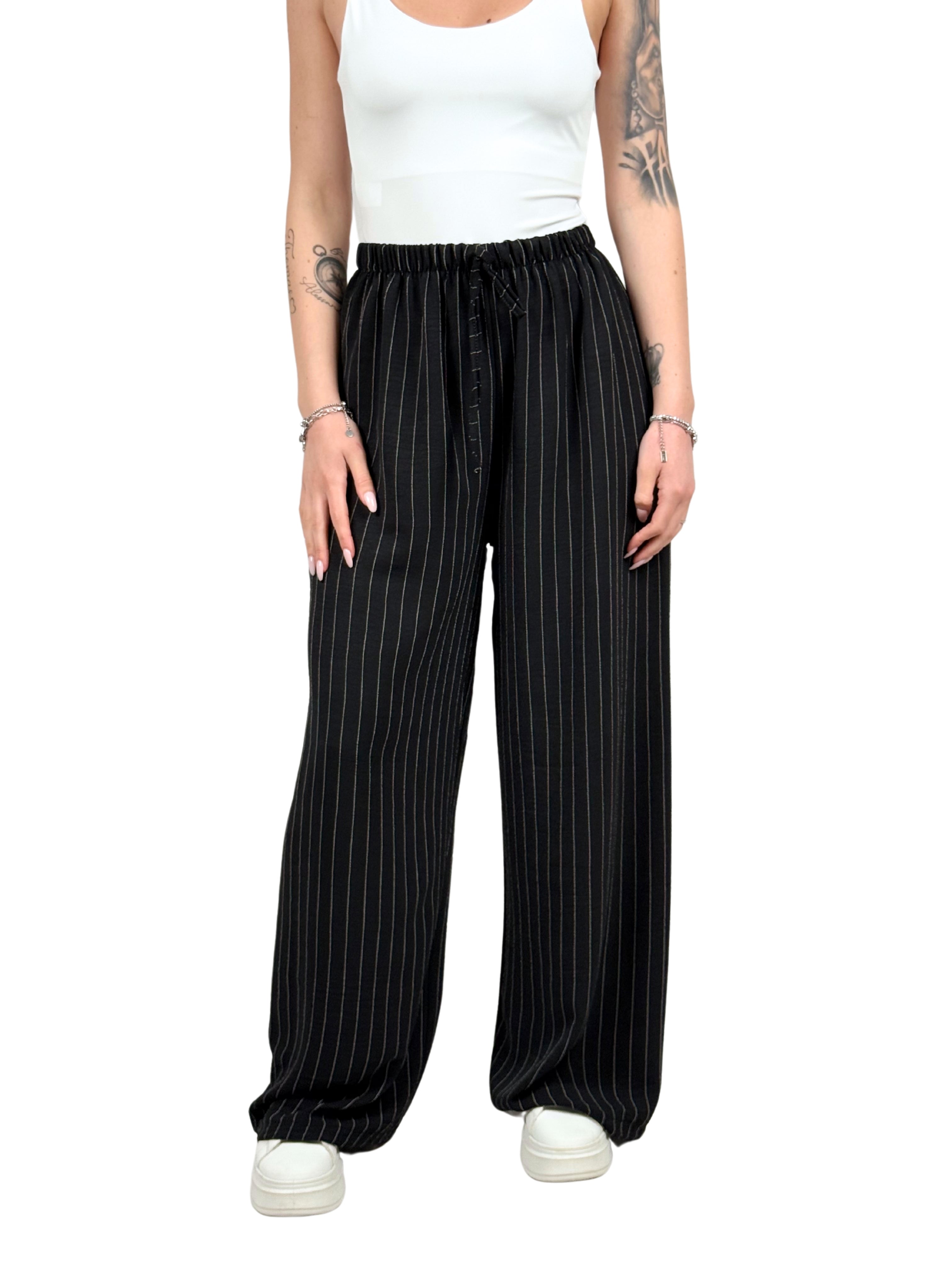 Pantalone a palazzo gessato effetto lino-Pink Babol