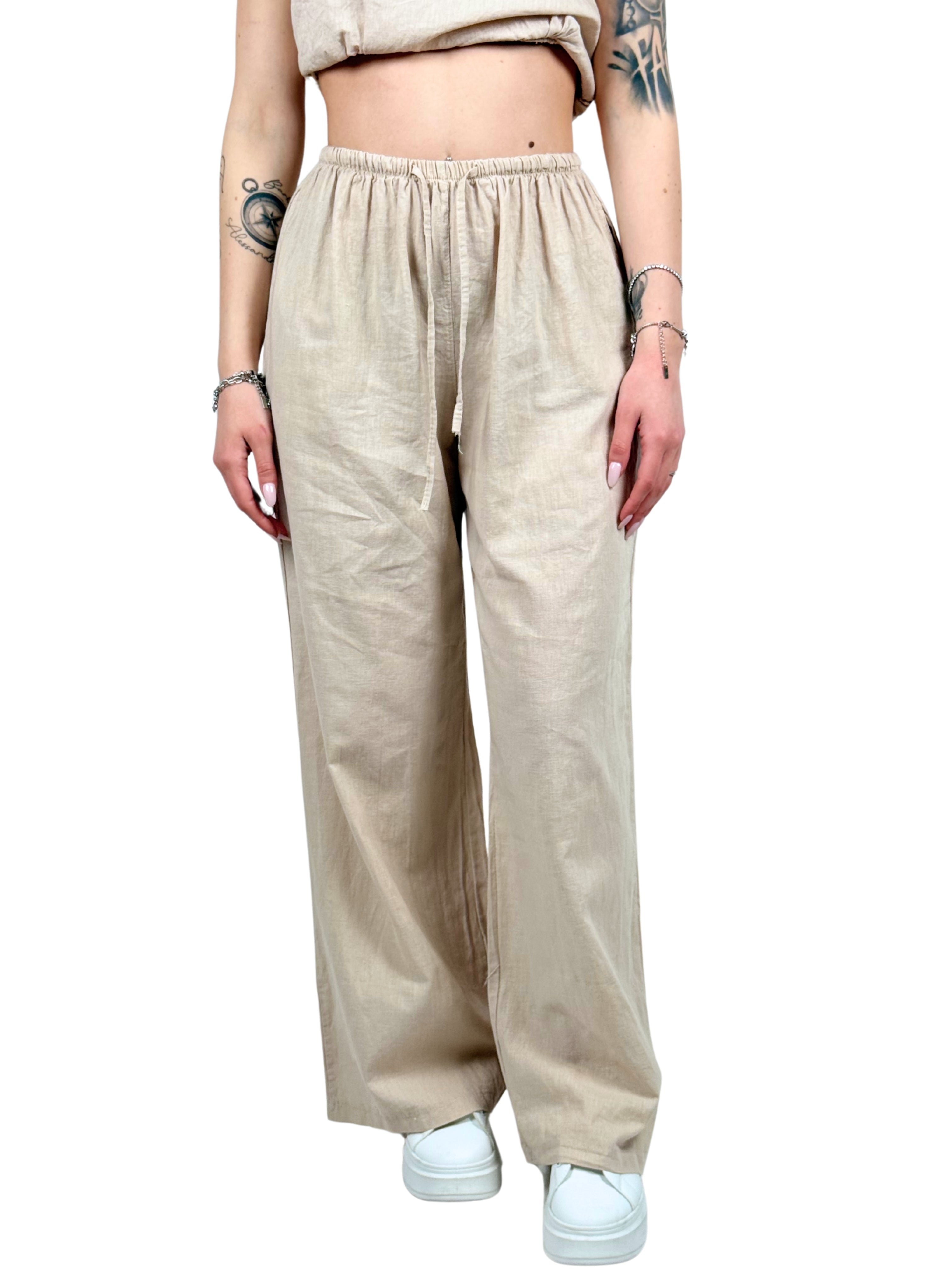 Pantalone a palazzo misto lino-Pink Babol