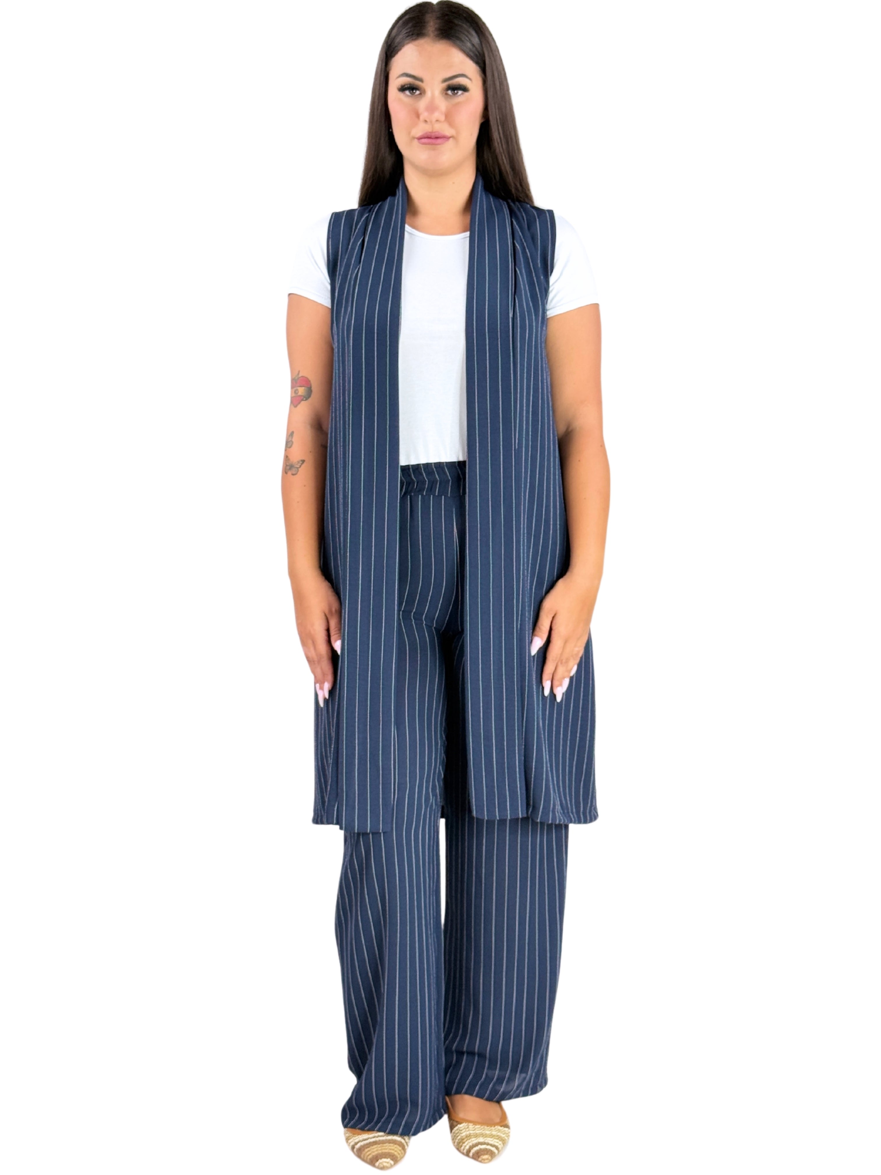 Set coordinato Gessato Gilet lungo + Pantalone Palazzo-Pink Babol