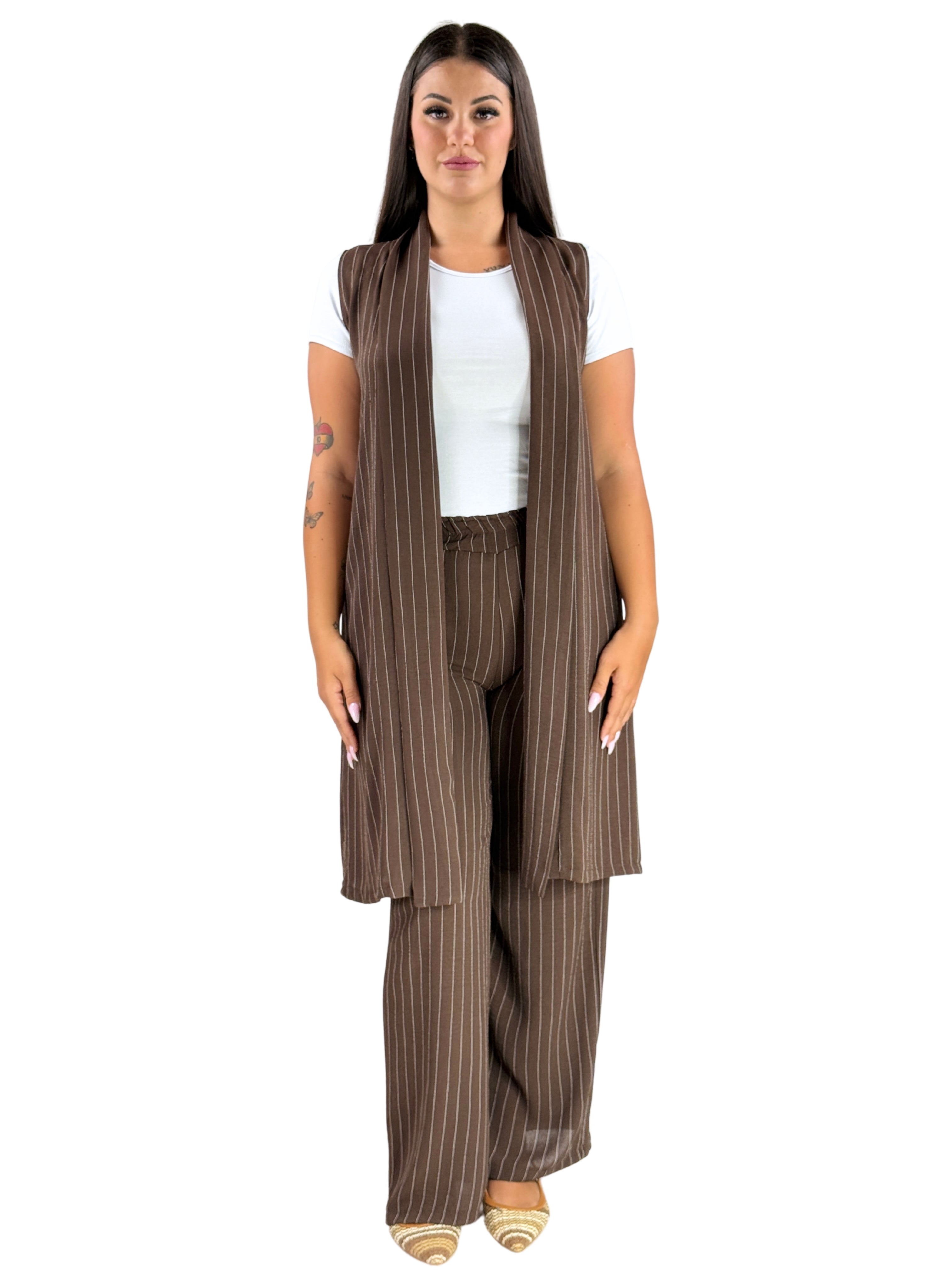 Set coordinato Gessato Gilet lungo + Pantalone Palazzo-Pink Babol