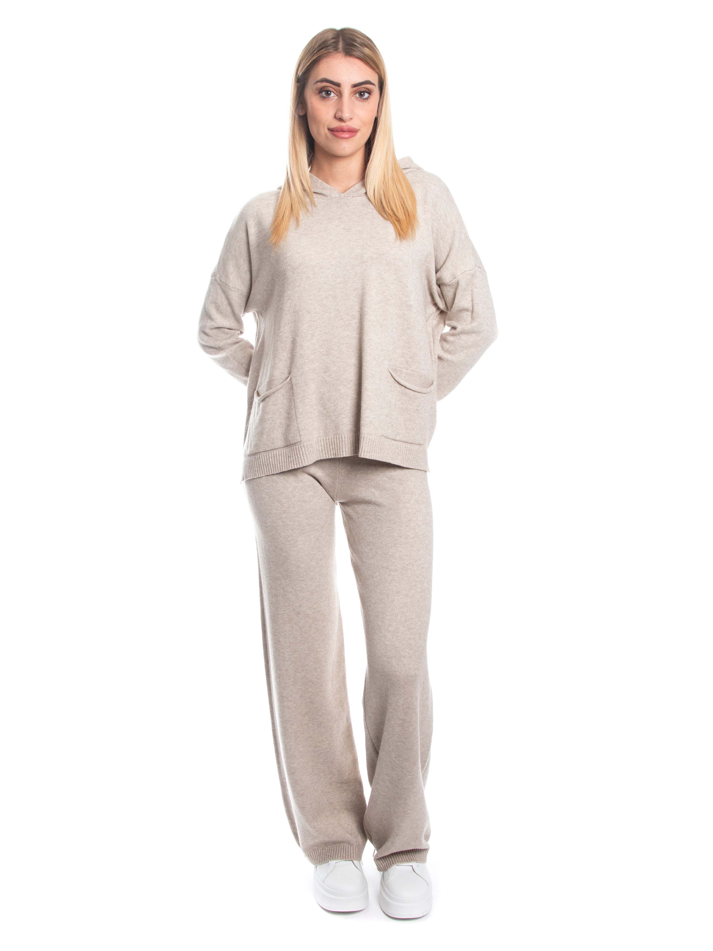 Set coordinato maglia con cappuccio + pantalone a zampa calda viscosa-Pink Babol