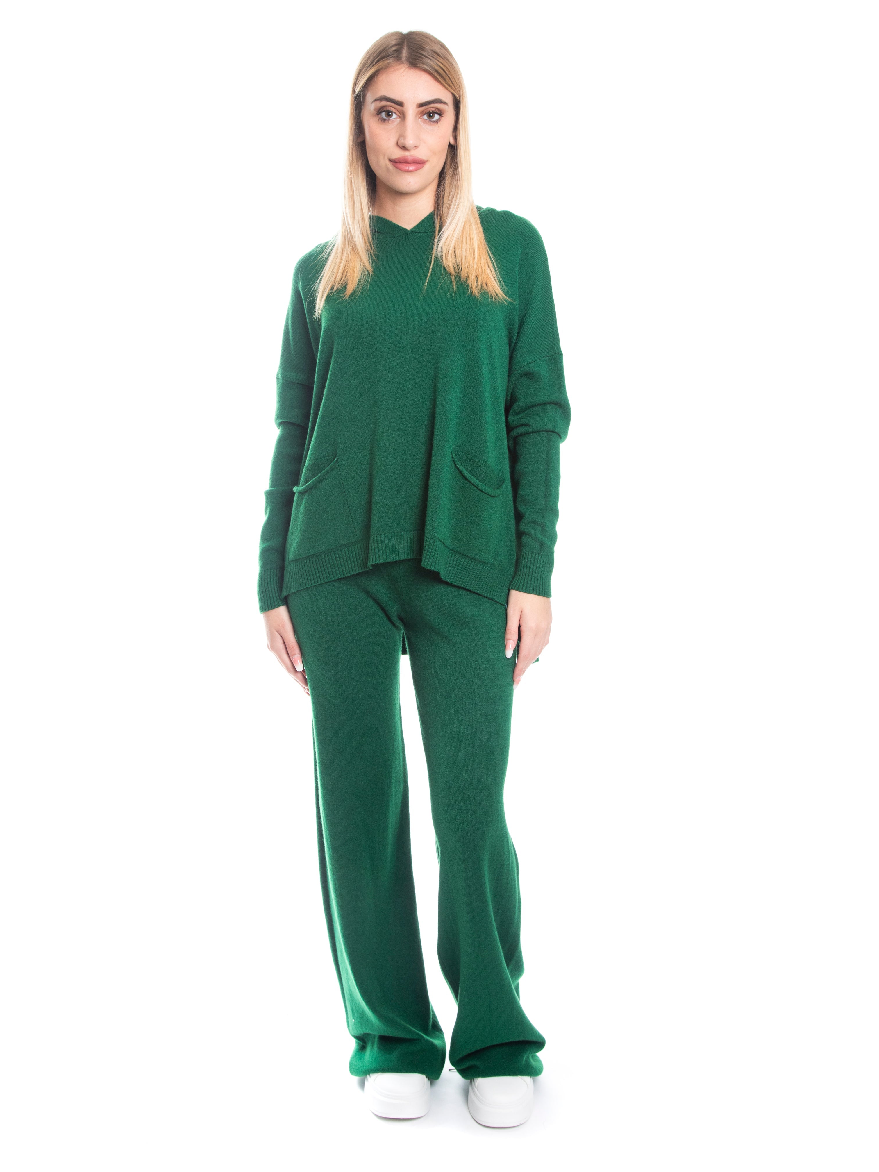 Set coordinato maglia con cappuccio + pantalone a zampa calda viscosa-Pink Babol