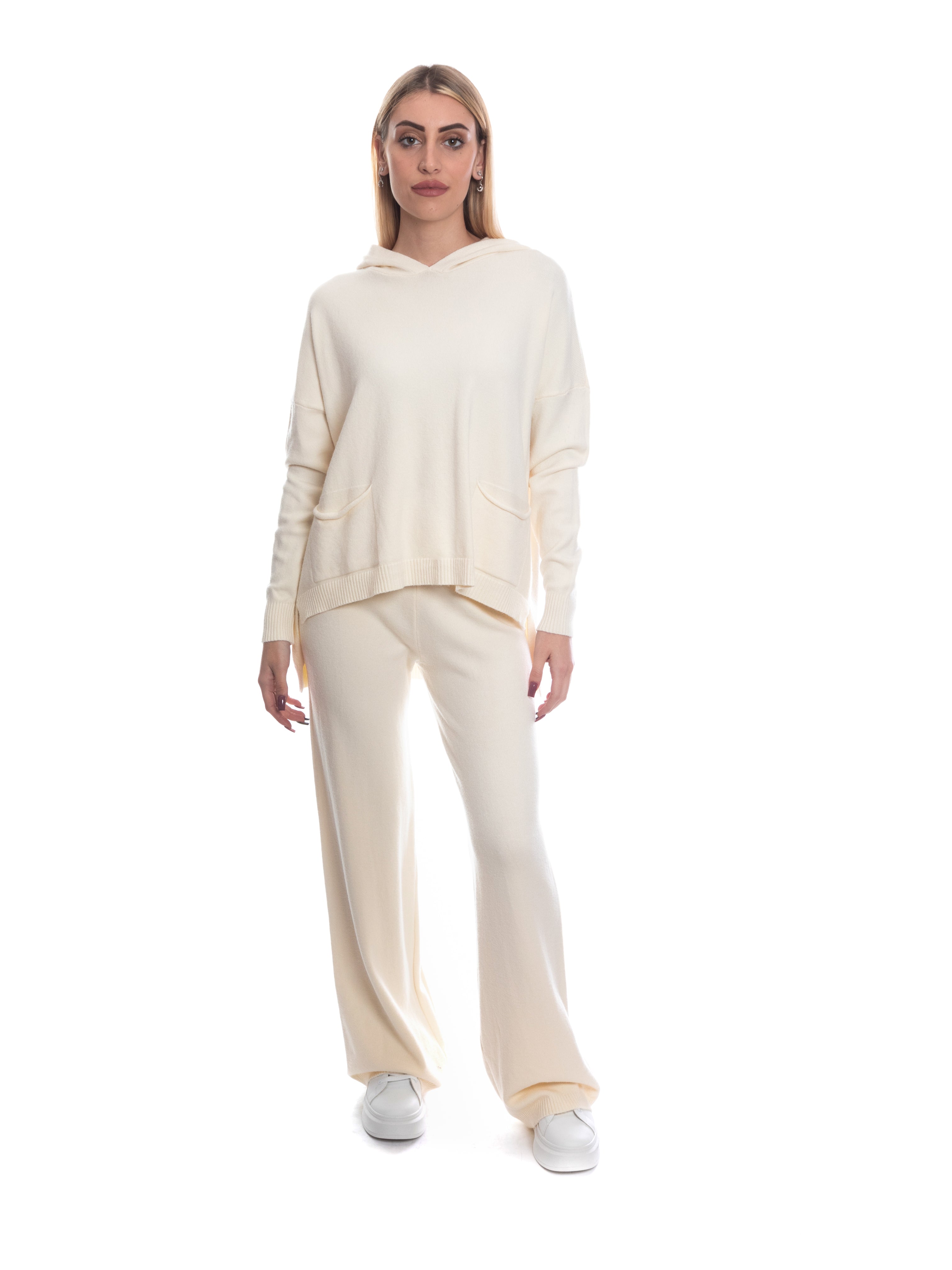 Set coordinato maglia con cappuccio + pantalone a zampa calda viscosa-Pink Babol