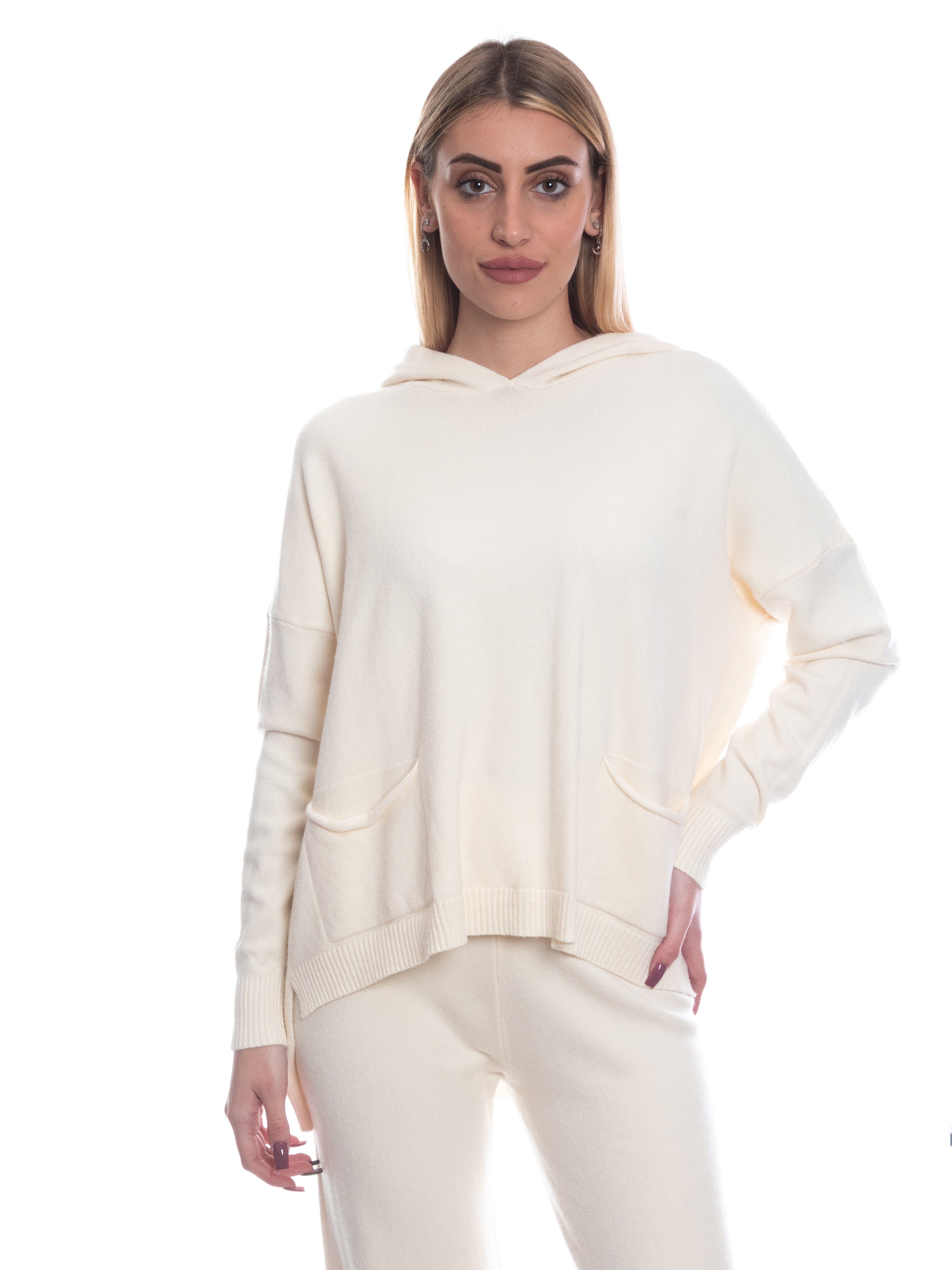 Set coordinato maglia con cappuccio + pantalone a zampa calda viscosa-Pink Babol