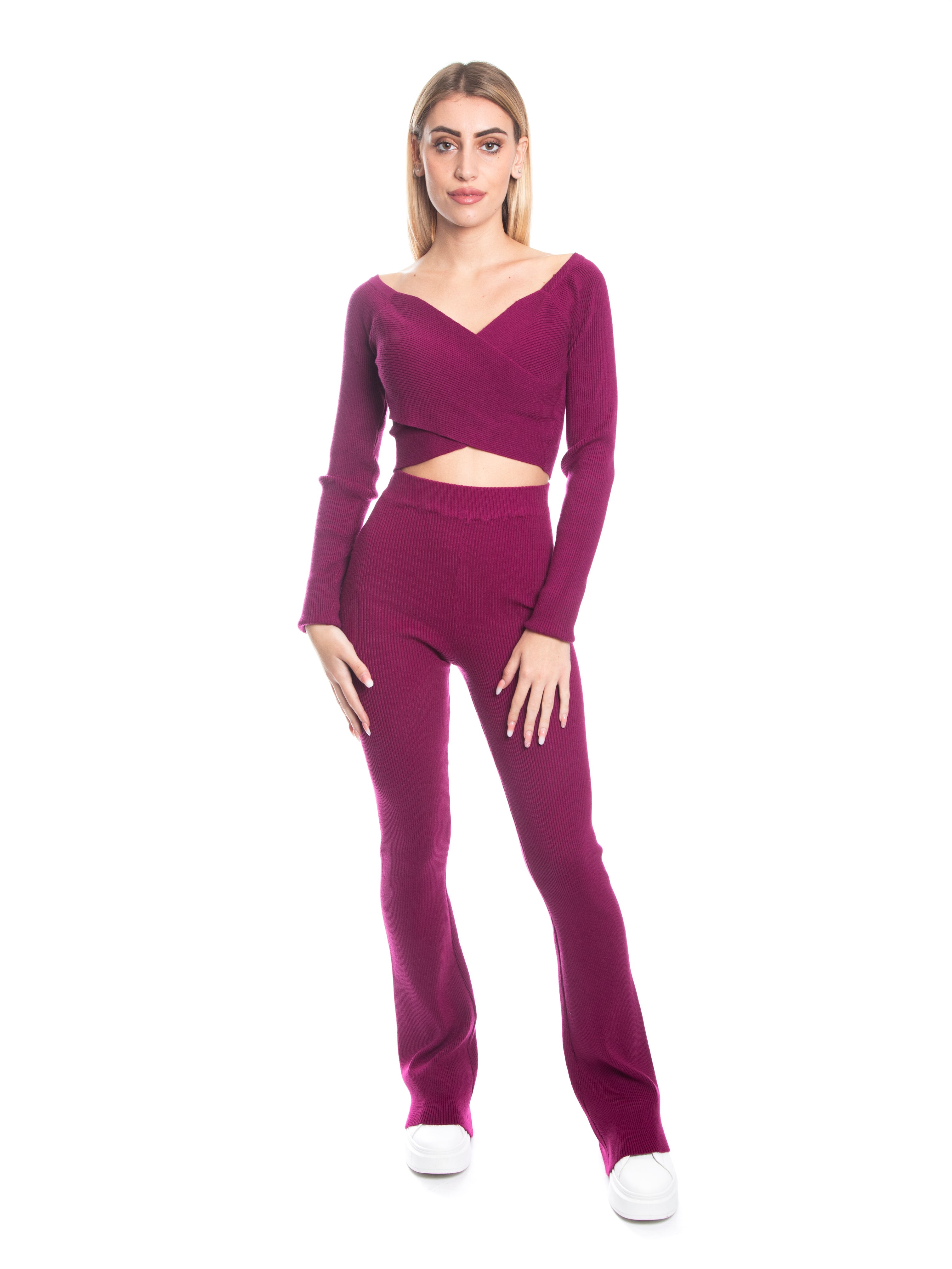 Set coordinato maglia incrociata e pantalone a zampa calda viscosa a costine-Pink Babol