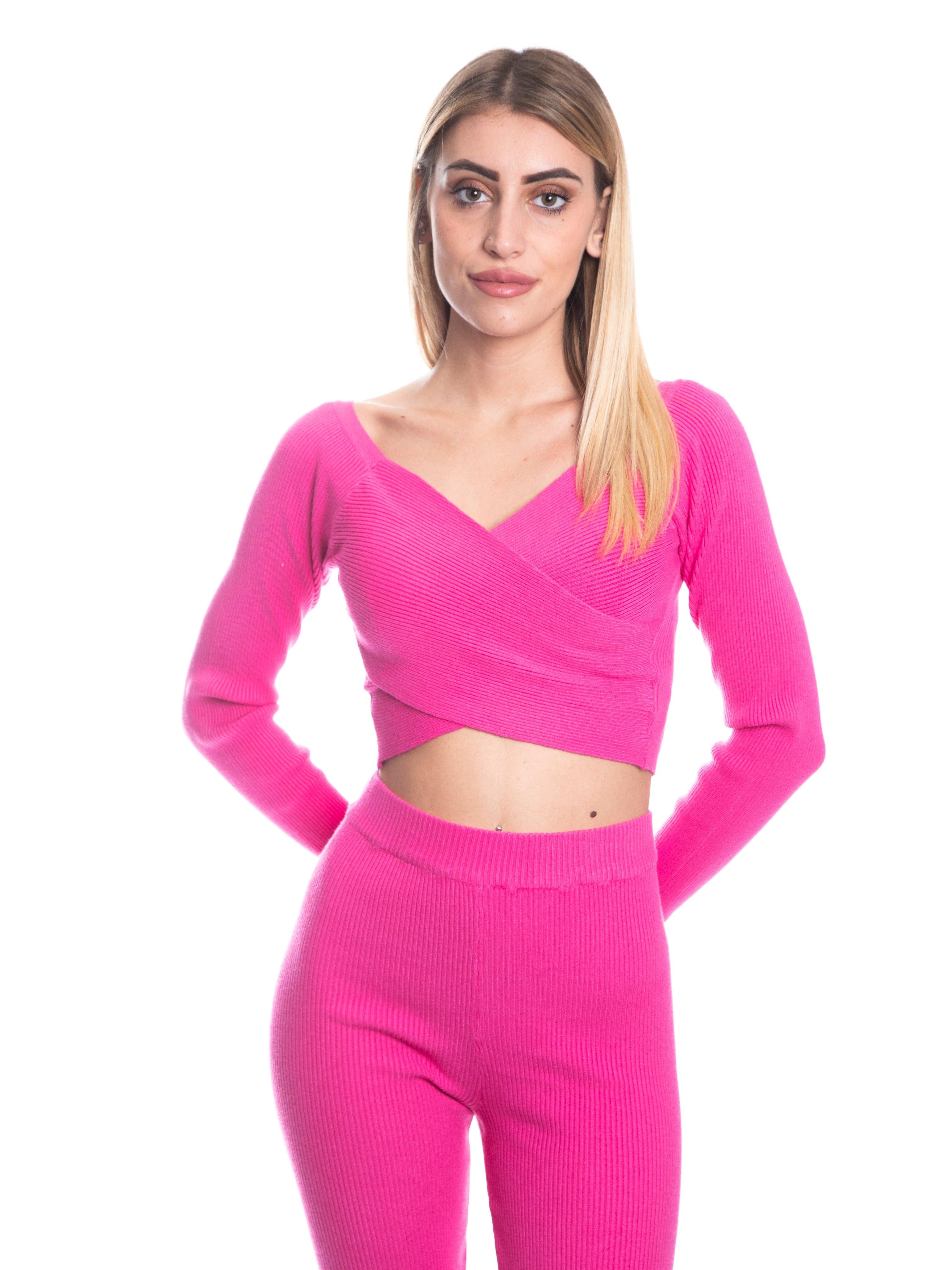 Set coordinato maglia incrociata e pantalone a zampa calda viscosa a costine-Pink Babol