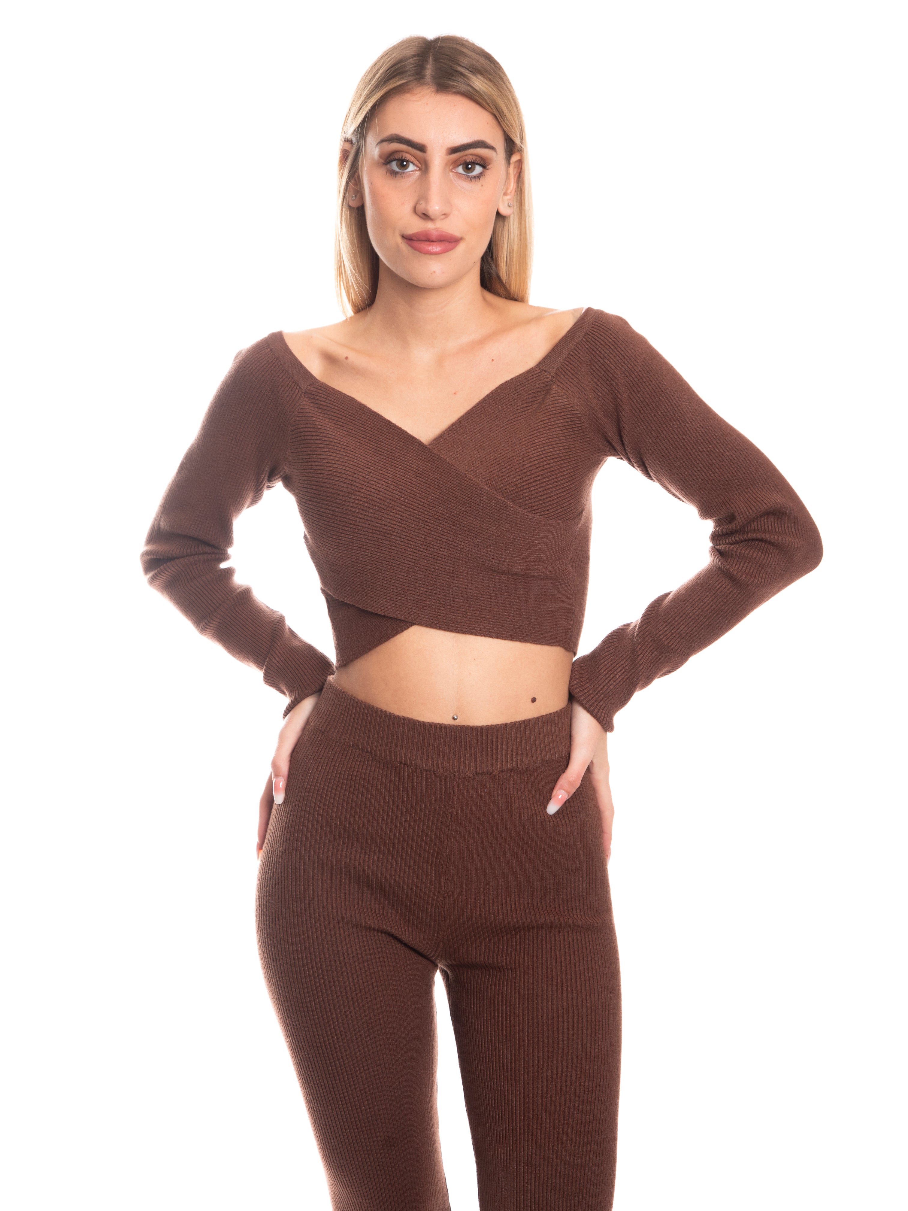 Set coordinato maglia incrociata e pantalone a zampa calda viscosa a costine-Pink Babol