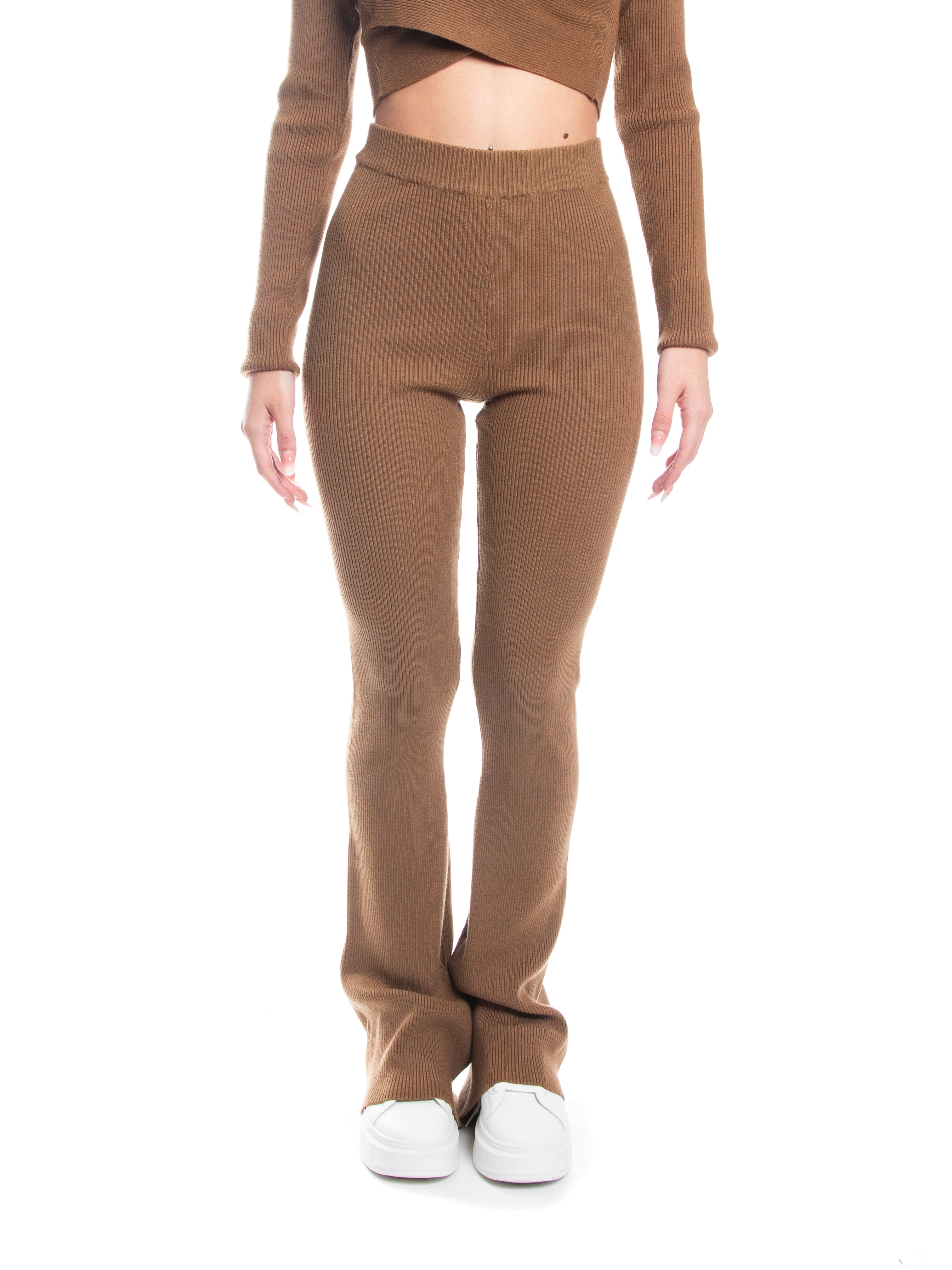 Set coordinato maglia incrociata e pantalone a zampa calda viscosa a costine-Pink Babol