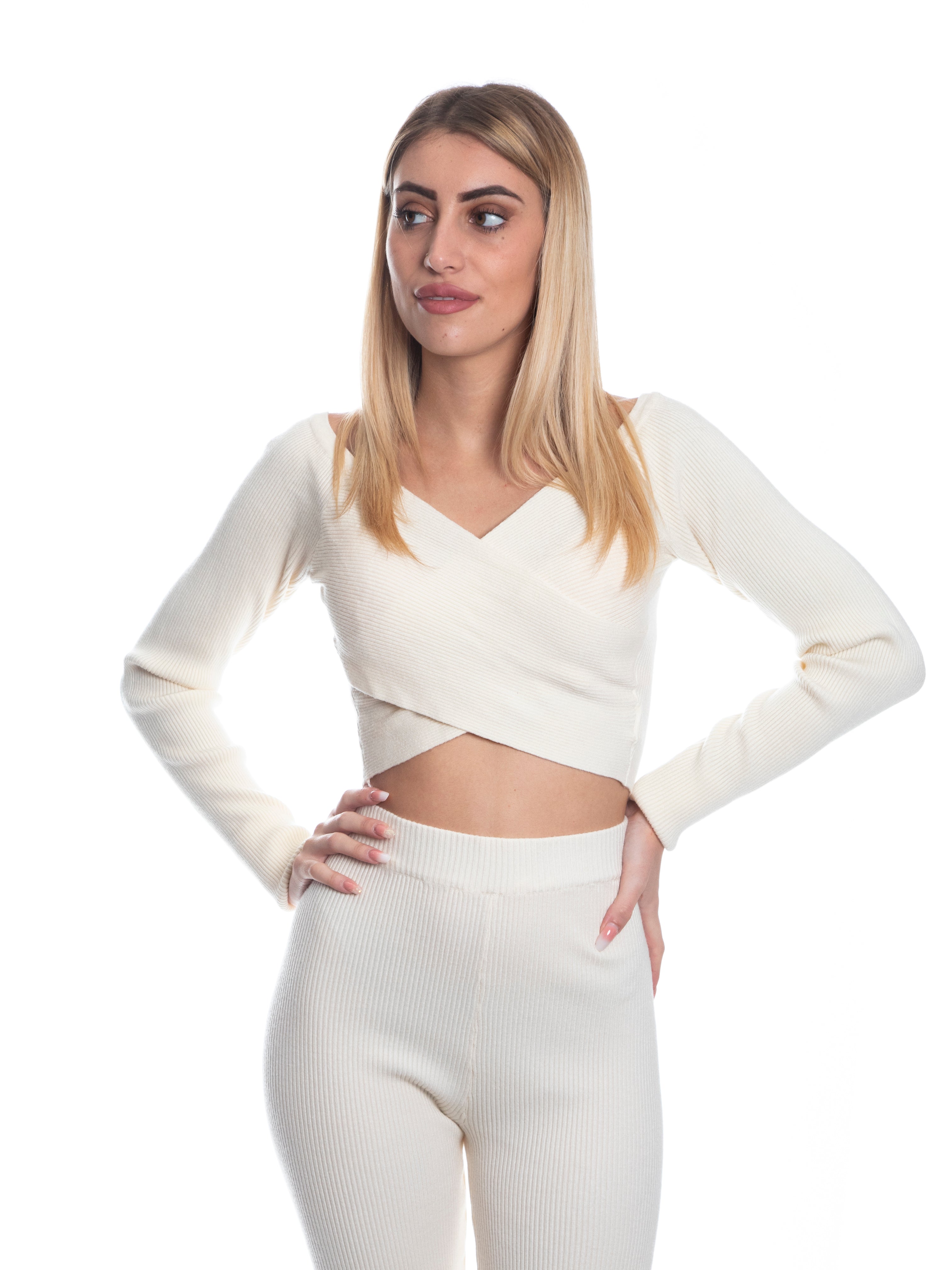 Set coordinato maglia incrociata e pantalone a zampa calda viscosa a costine-Pink Babol