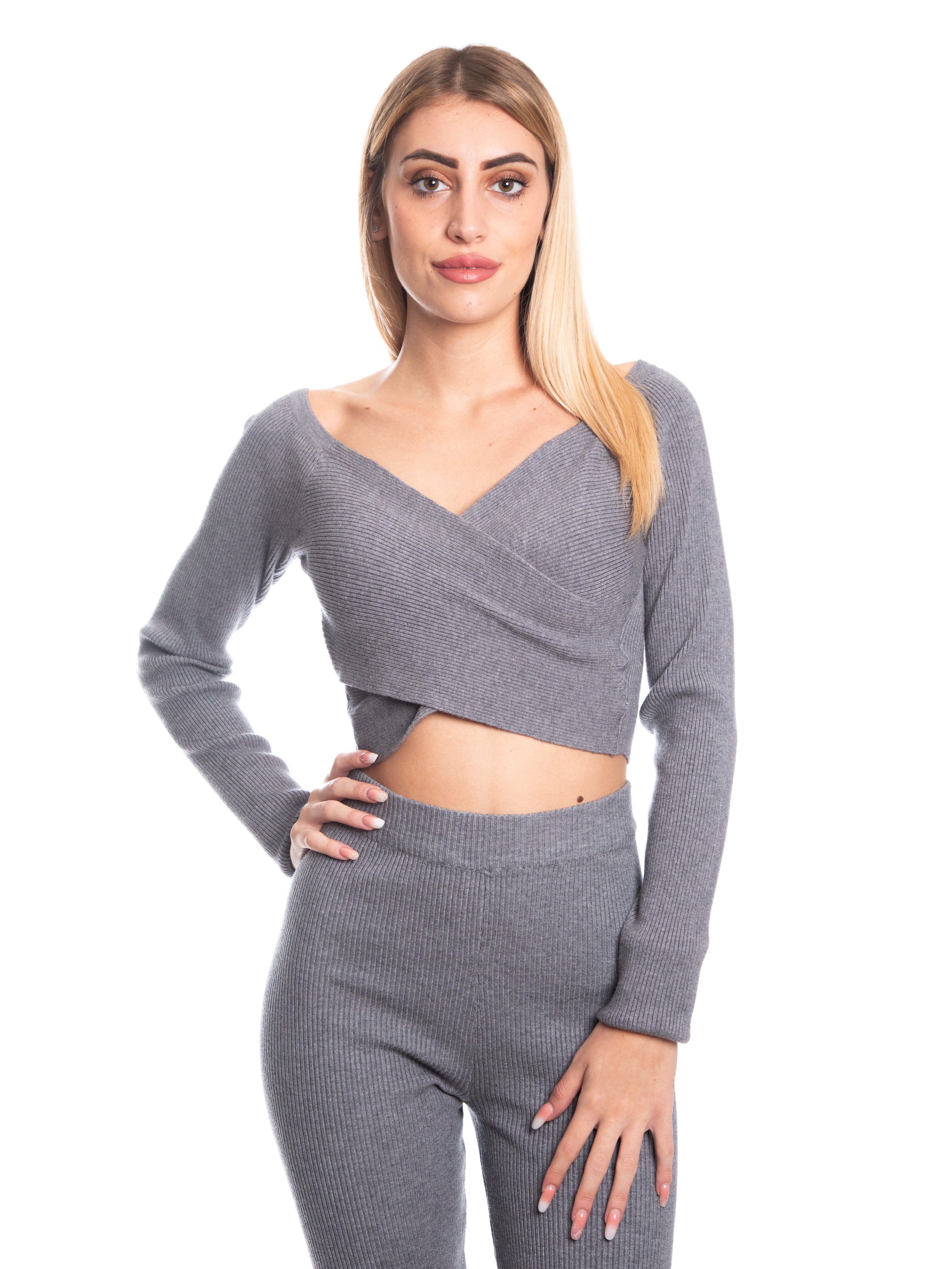 Set coordinato maglia incrociata e pantalone a zampa calda viscosa a costine-Pink Babol