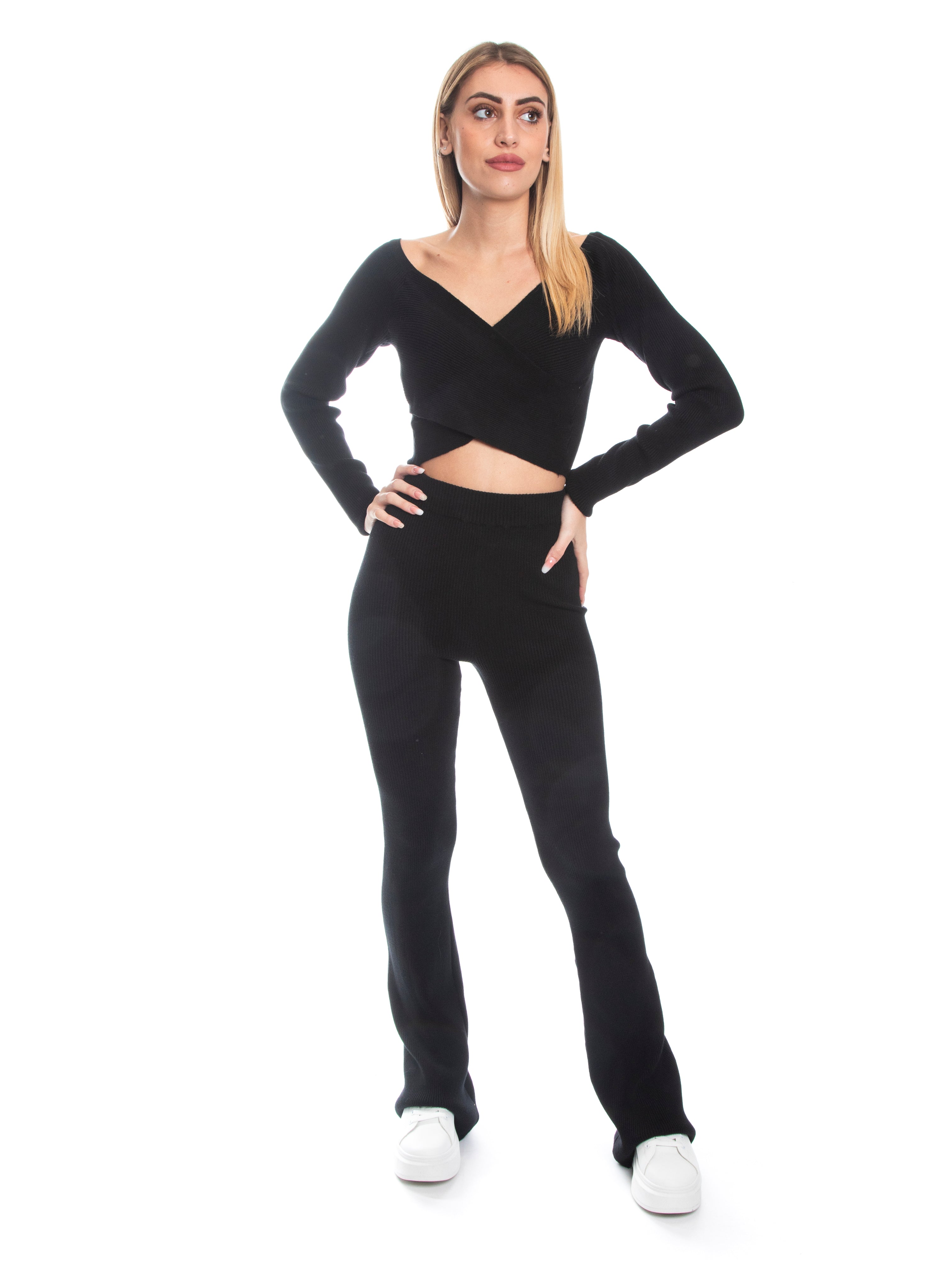 Set coordinato maglia incrociata e pantalone a zampa calda viscosa a costine-Pink Babol