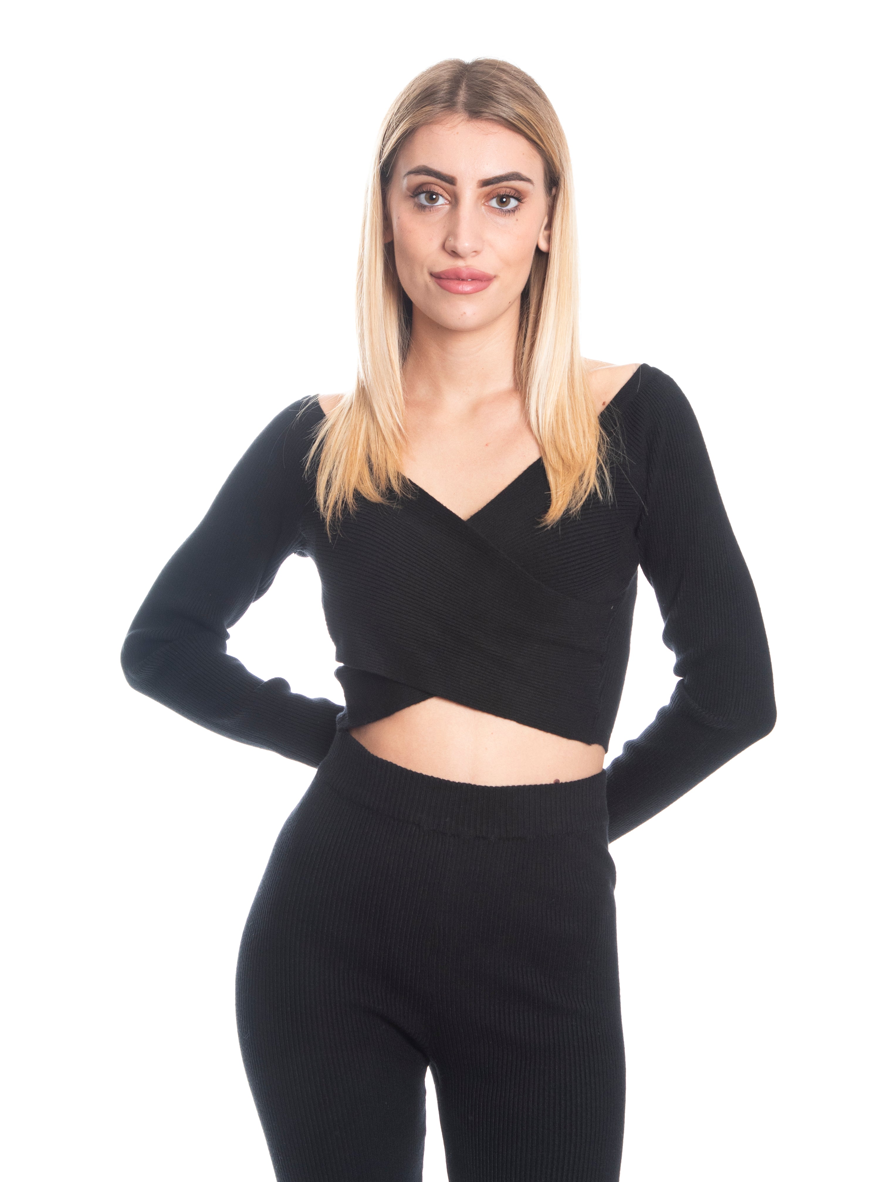 Set coordinato maglia incrociata e pantalone a zampa calda viscosa a costine-Pink Babol