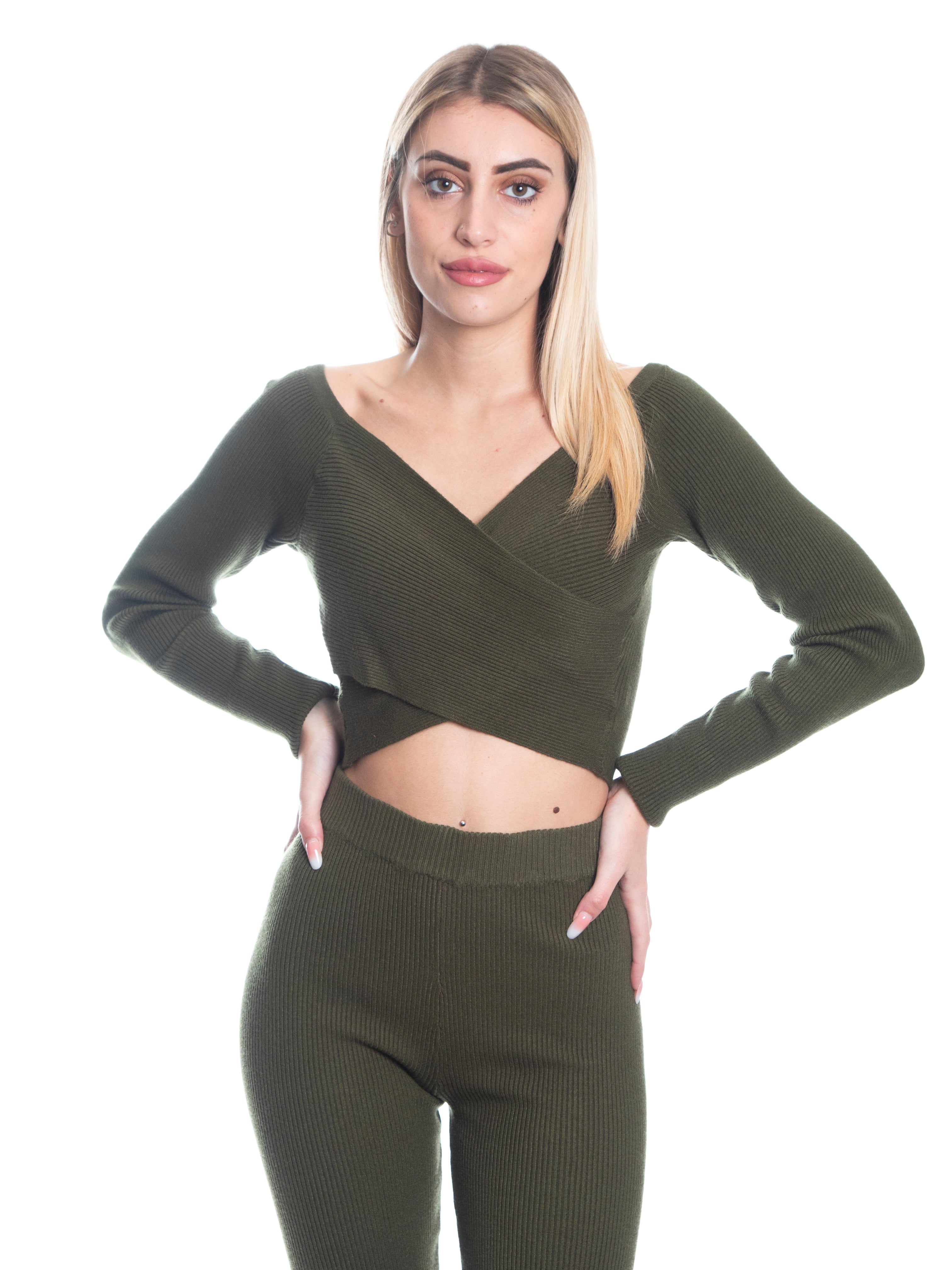 Set coordinato maglia incrociata e pantalone a zampa calda viscosa a costine-Pink Babol
