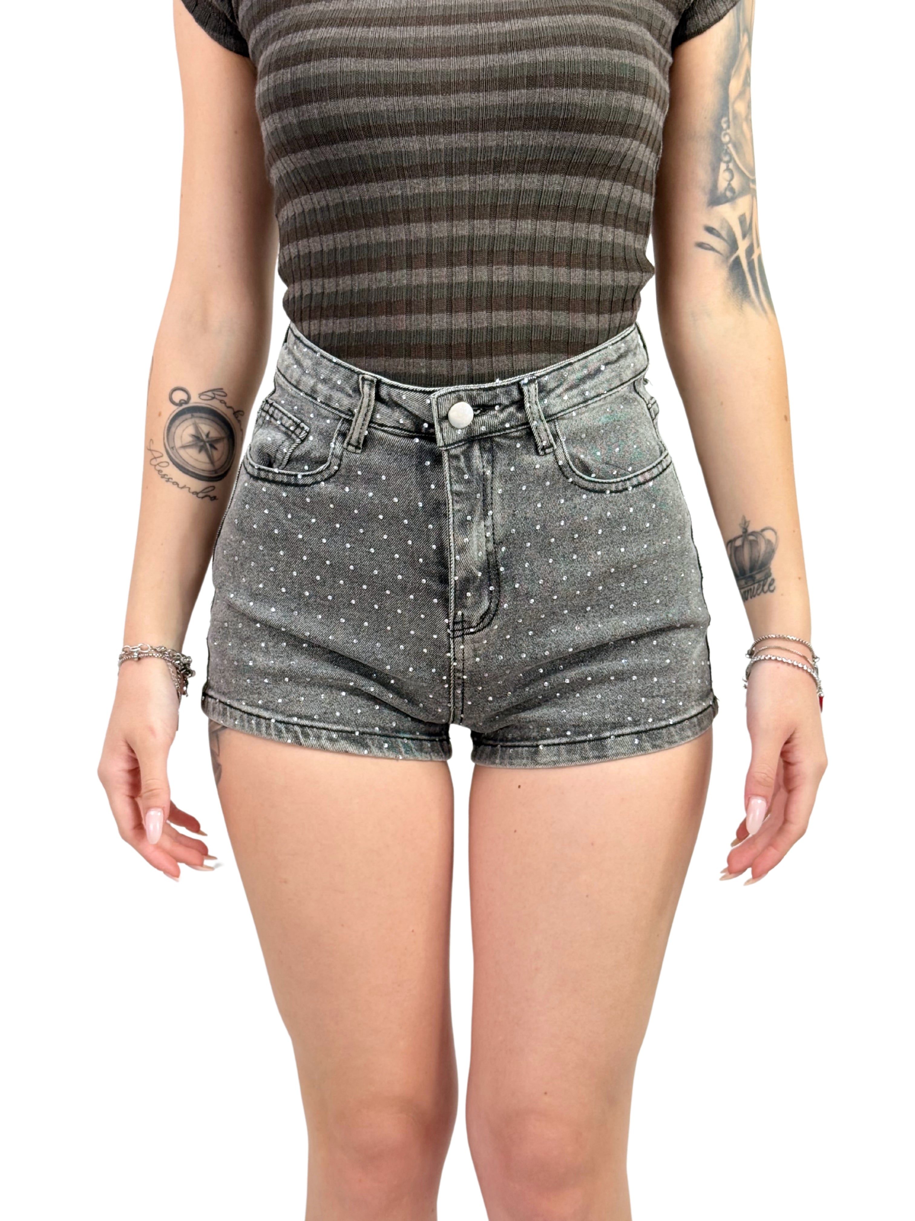 Shorts vita alta elasticizzato con strass-Pink Babol