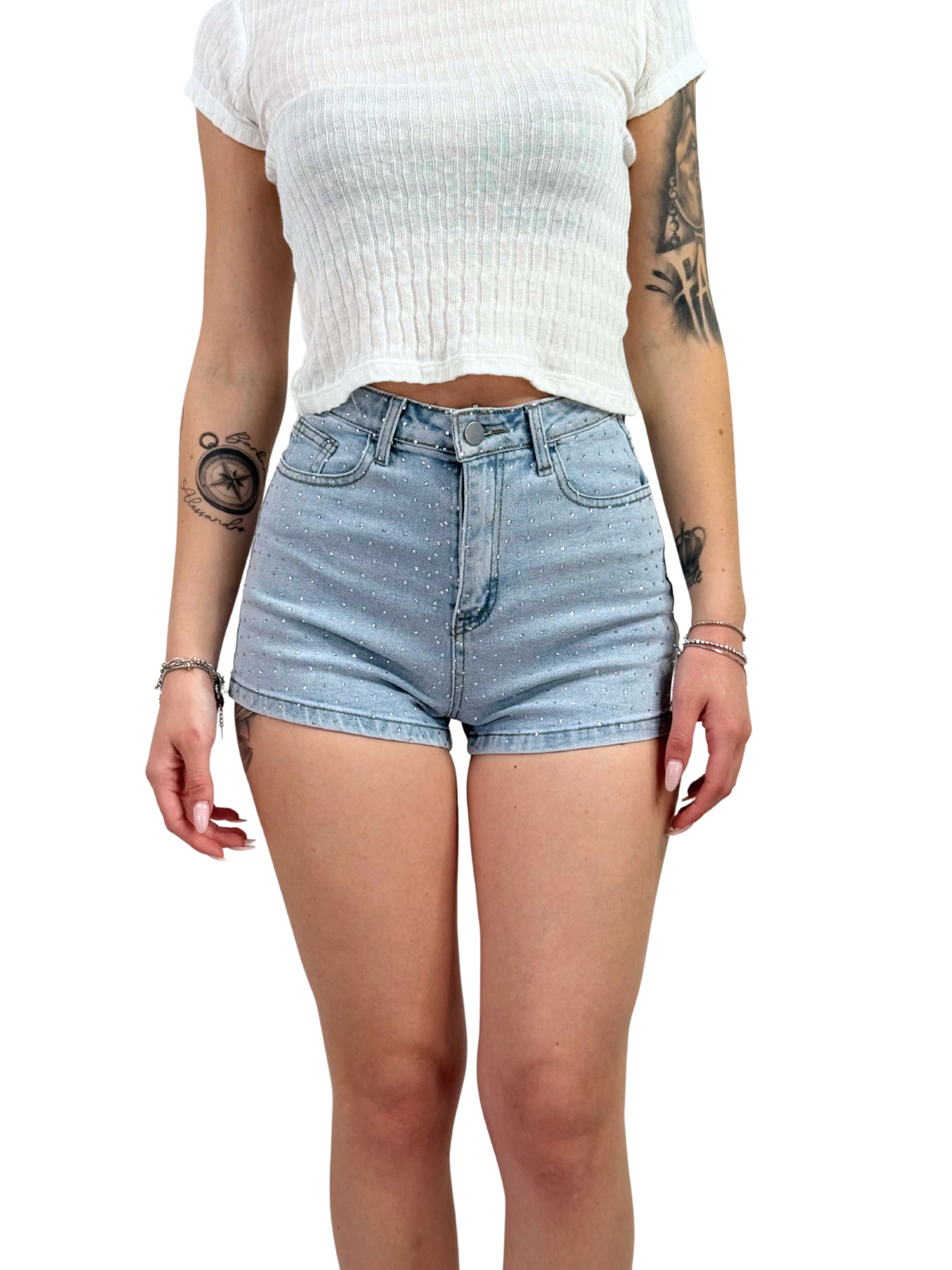 Shorts vita alta elasticizzato con strass-Pink Babol