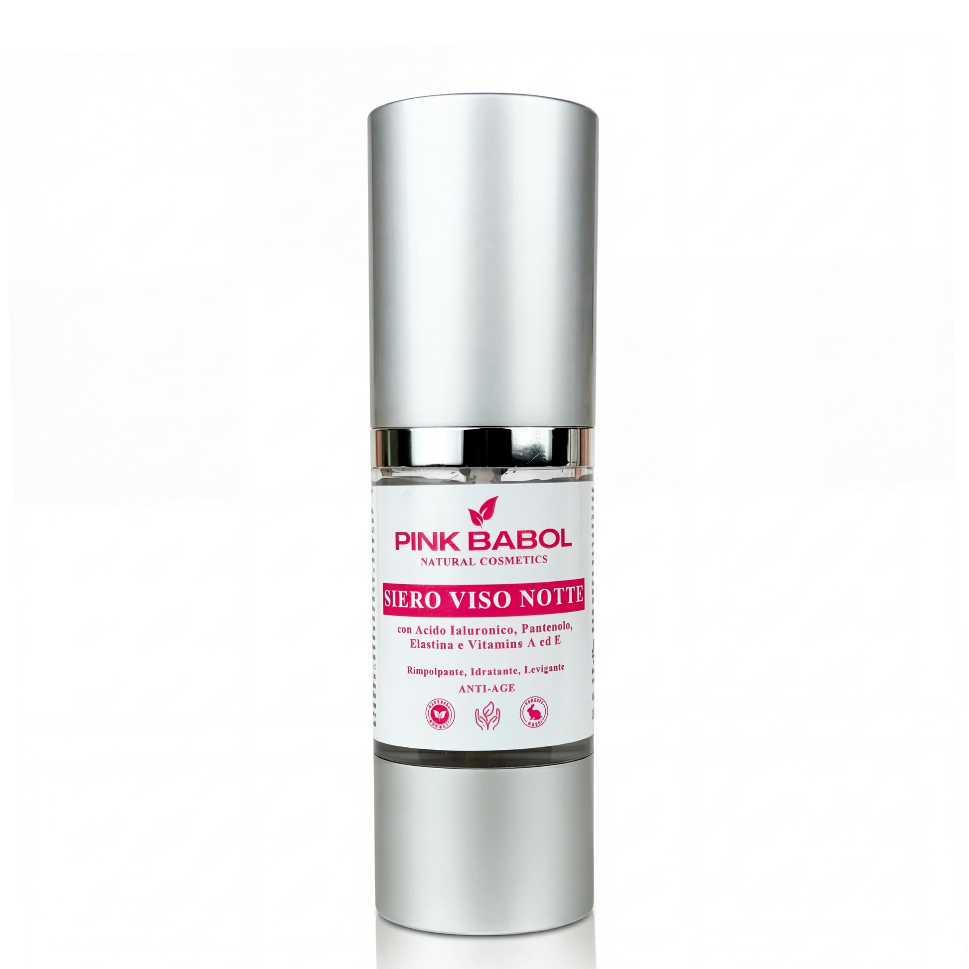 Siero Viso Notte Anti-Age Rimpolpante, Idratante e Levigante con Acido Ialuronico, Pantenolo, Elastina e Vitamine A ed E-Pink Babol