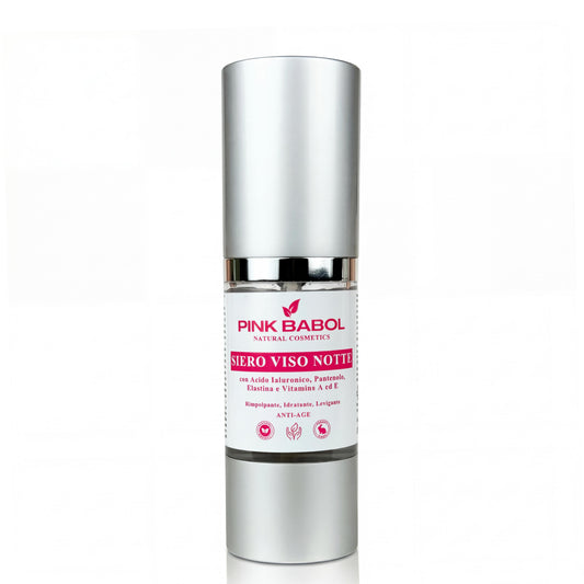 Siero Viso Notte Anti-Age Rimpolpante, Idratante e Levigante con Acido Ialuronico, Pantenolo, Elastina e Vitamine A ed E-Pink Babol