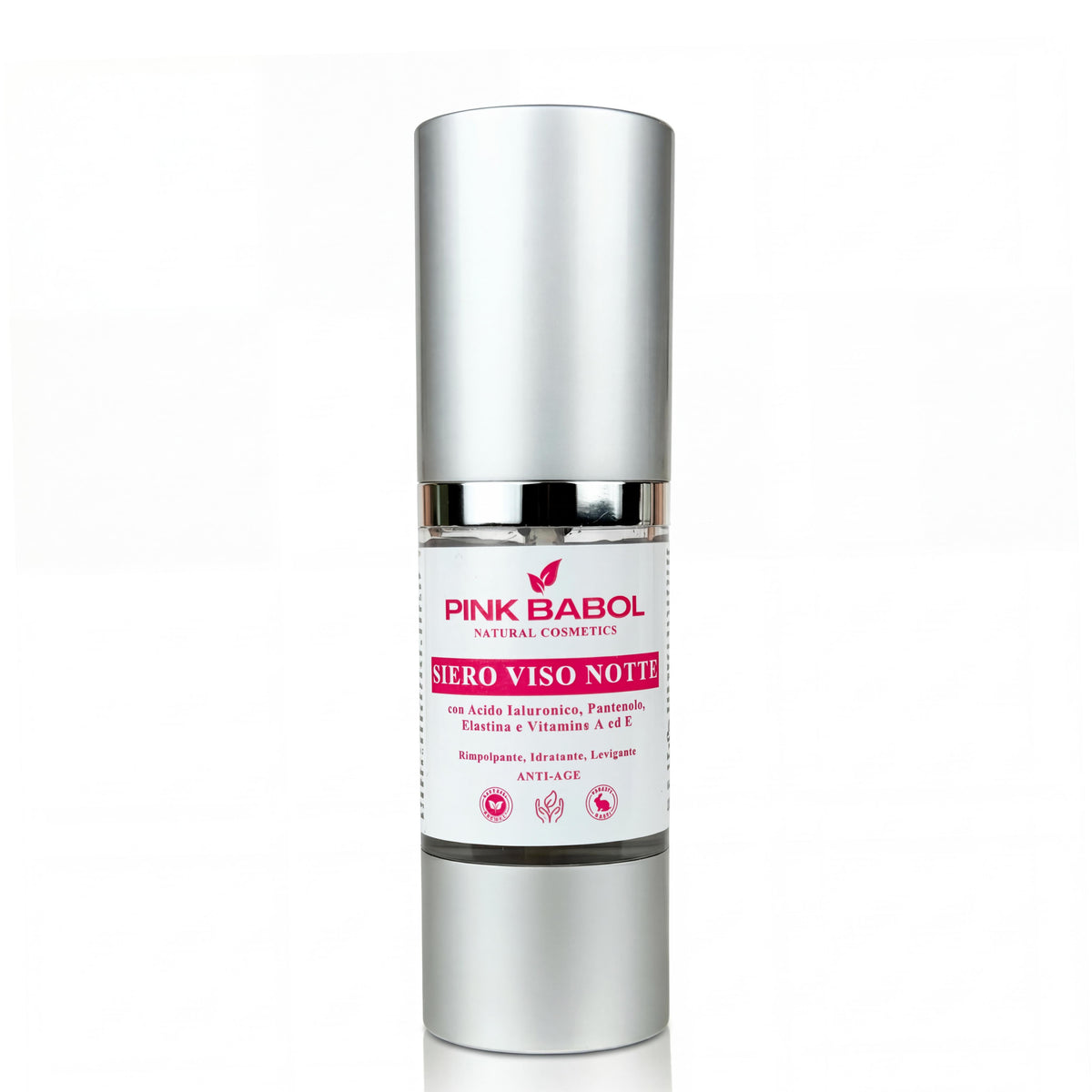 Siero Viso Notte Anti-Age con Acido Ialuronico, Pantenolo, Elastina e Vitamine A ed E- Rimpolpante, Idratante e Levigante-Pink Babol