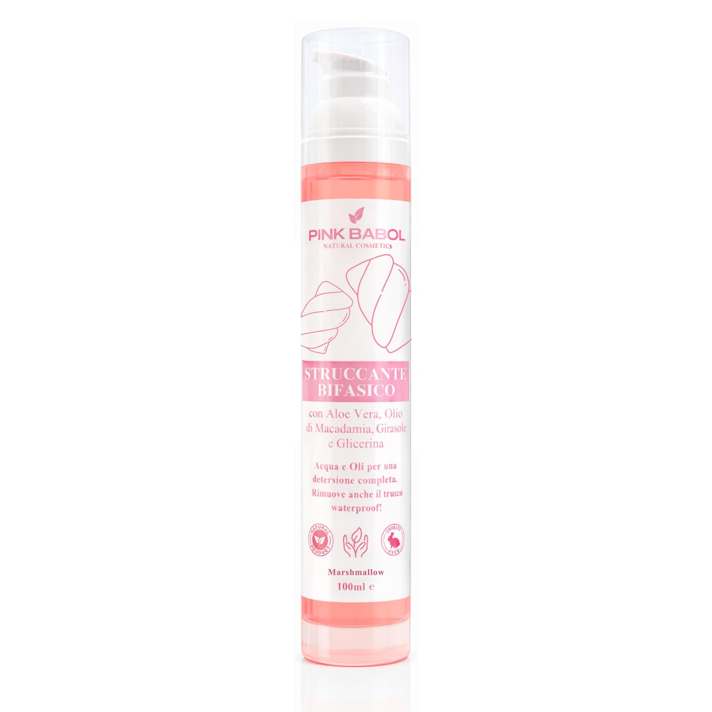 Struccante Viso Bifasico con Olio di Macadamia, Girasole e Aloe Vera - Rimuove trucco waterproof senza irritare-Pink Babol