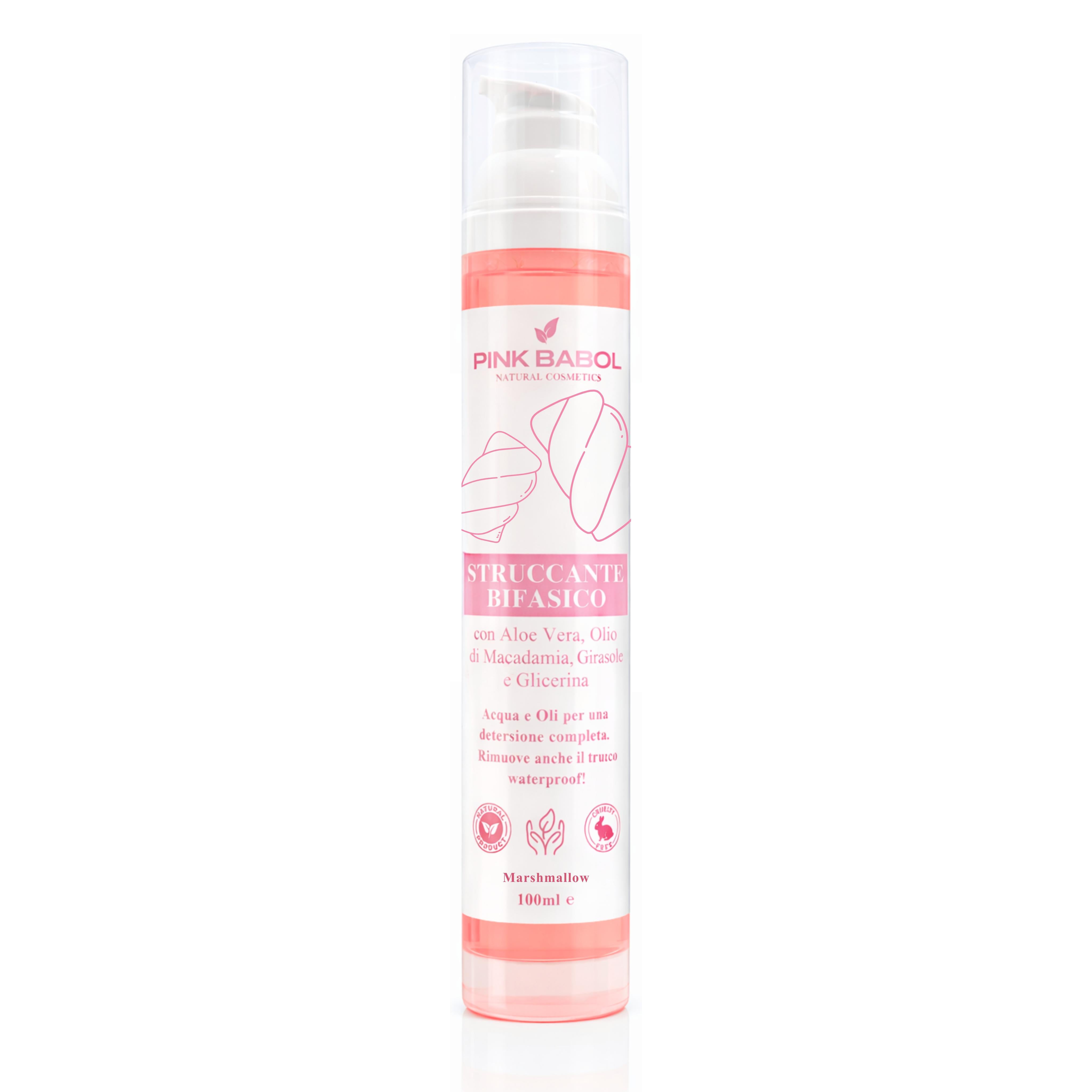 Struccante Viso Bifasico con Olio di Macadamia, Girasole e Aloe Vera - Rimuove trucco waterproof senza irritare-Pink Babol