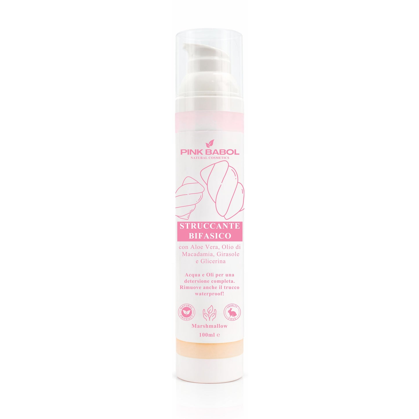 Struccante Viso Bifasico con Olio di Macadamia, Girasole e Aloe Vera - Rimuove trucco waterproof senza irritare-Pink Babol