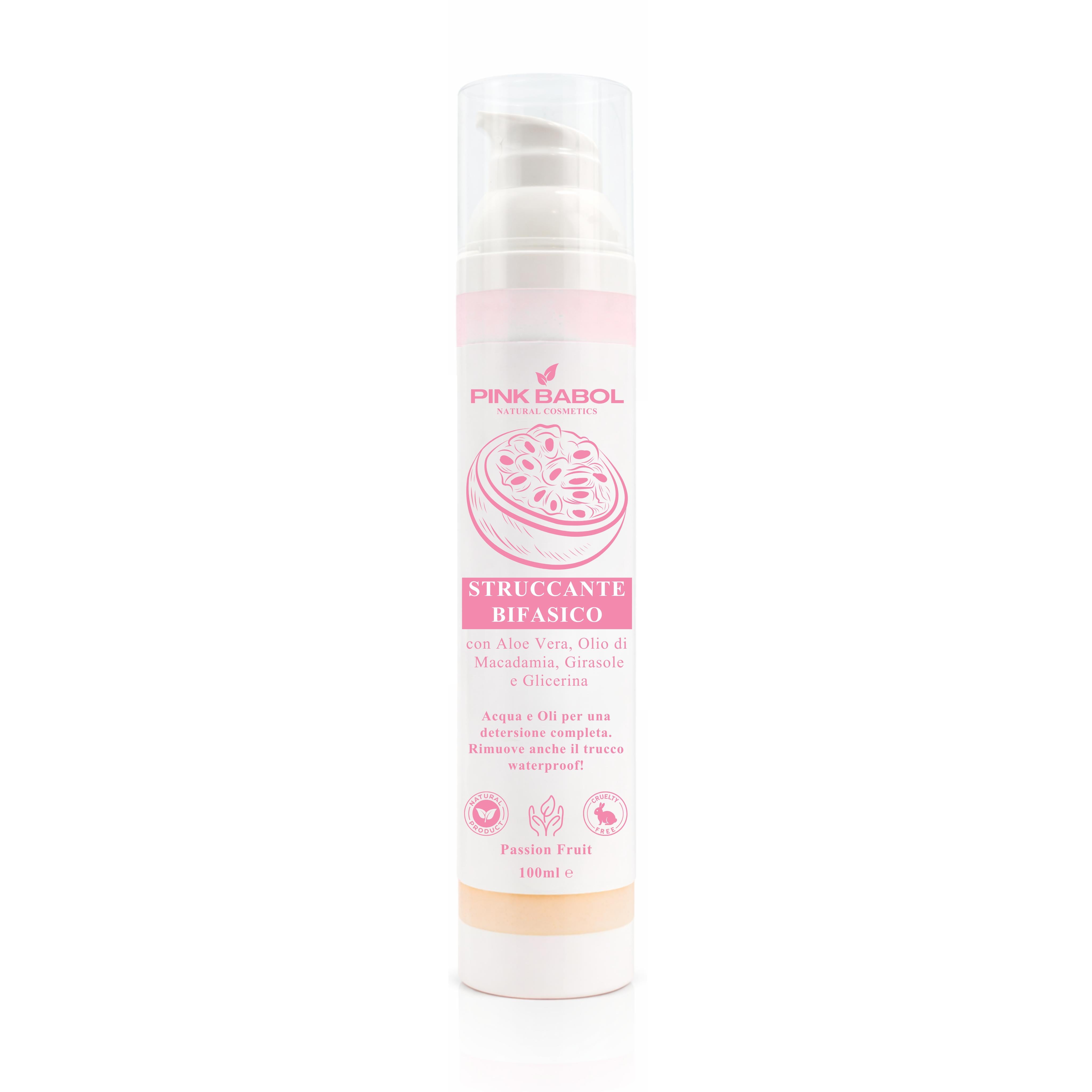 Struccante Viso Bifasico con Olio di Macadamia, Girasole e Aloe Vera - Rimuove trucco waterproof senza irritare-Pink Babol