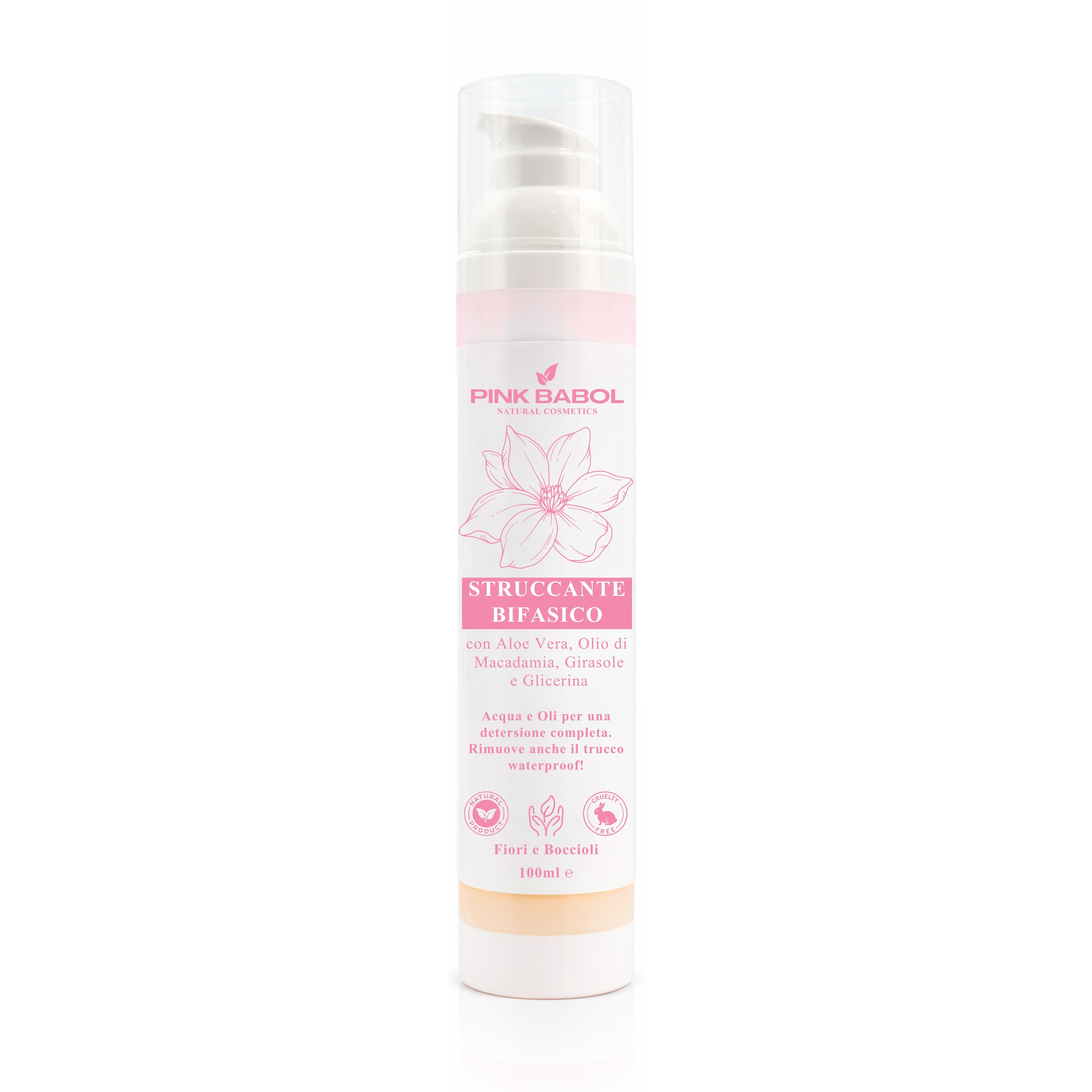 Struccante Viso Bifasico con Olio di Macadamia, Girasole e Aloe Vera - Rimuove trucco waterproof senza irritare-Pink Babol
