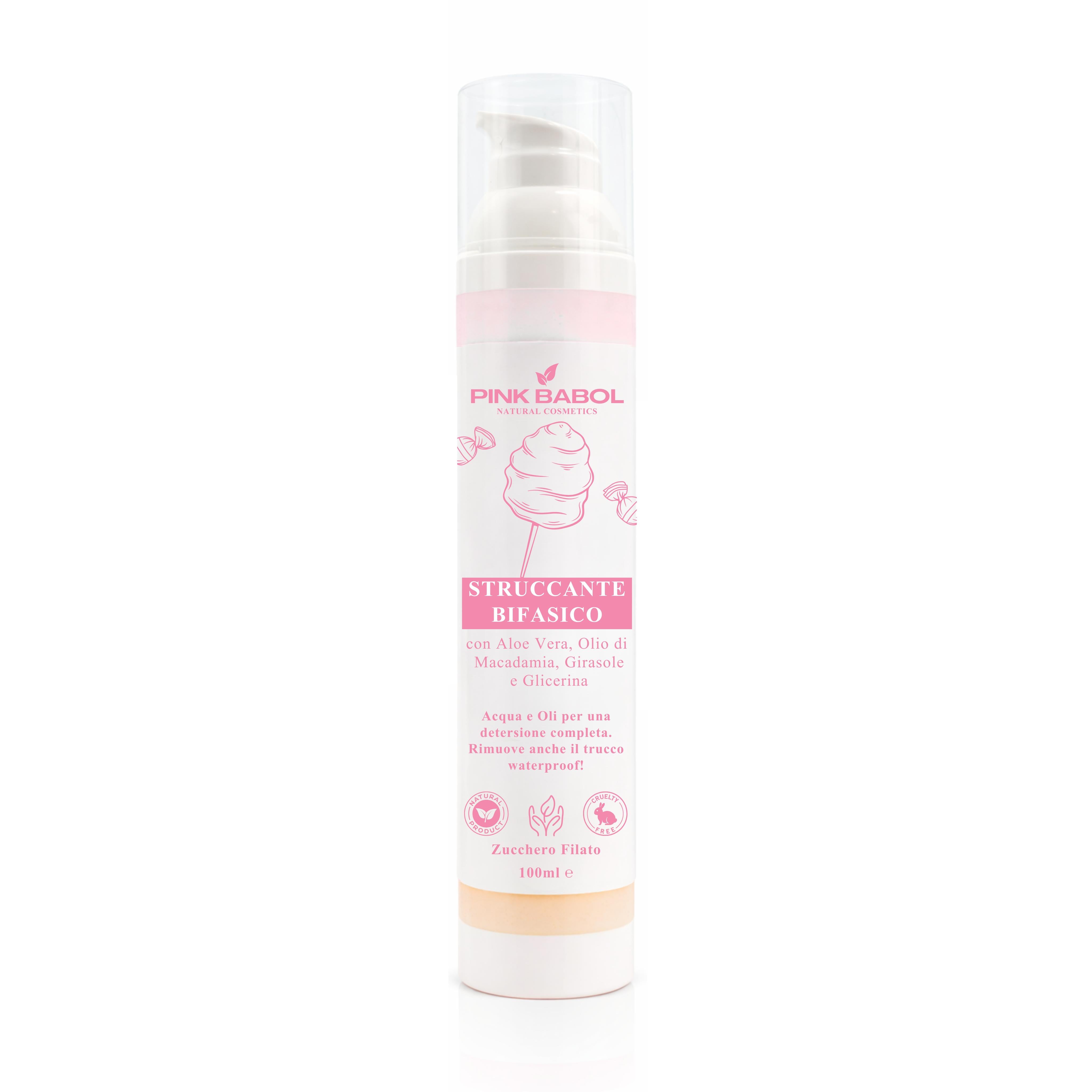 Struccante Viso Bifasico con Olio di Macadamia, Girasole e Aloe Vera - Rimuove trucco waterproof senza irritare-Pink Babol