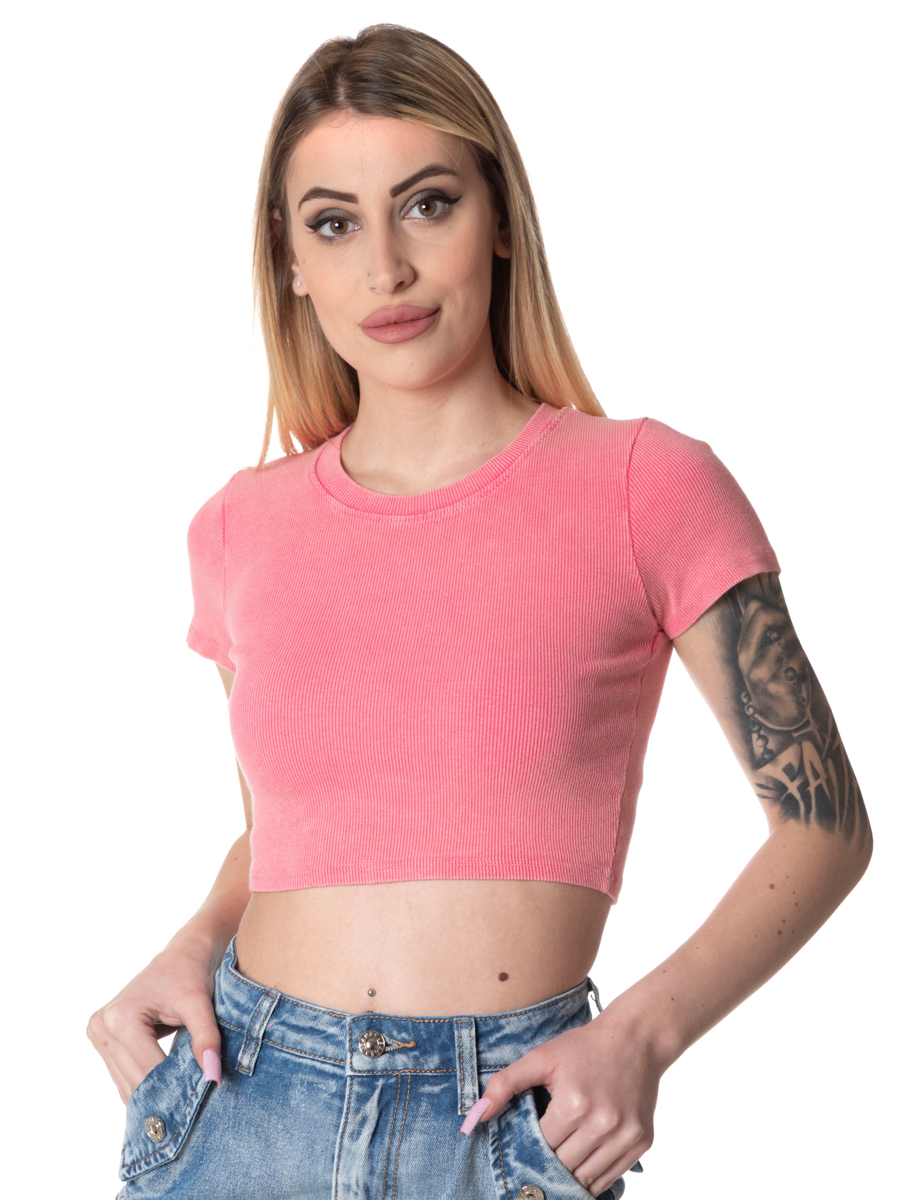 T-Shirt crop a costine-Pink Babol