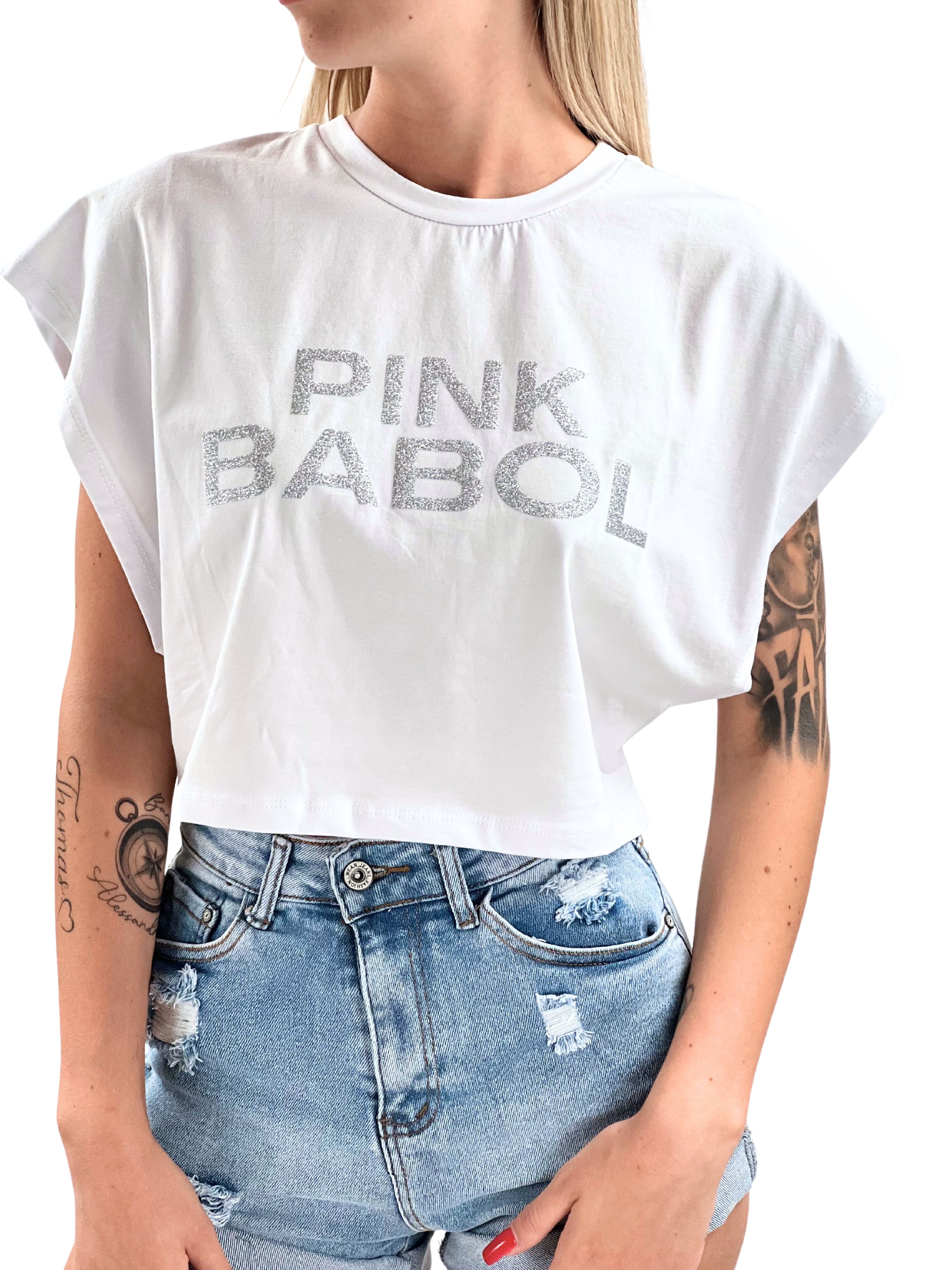 T-Shirt crop smanicata Pink Babol glitter Silver Edition-Pink Babol