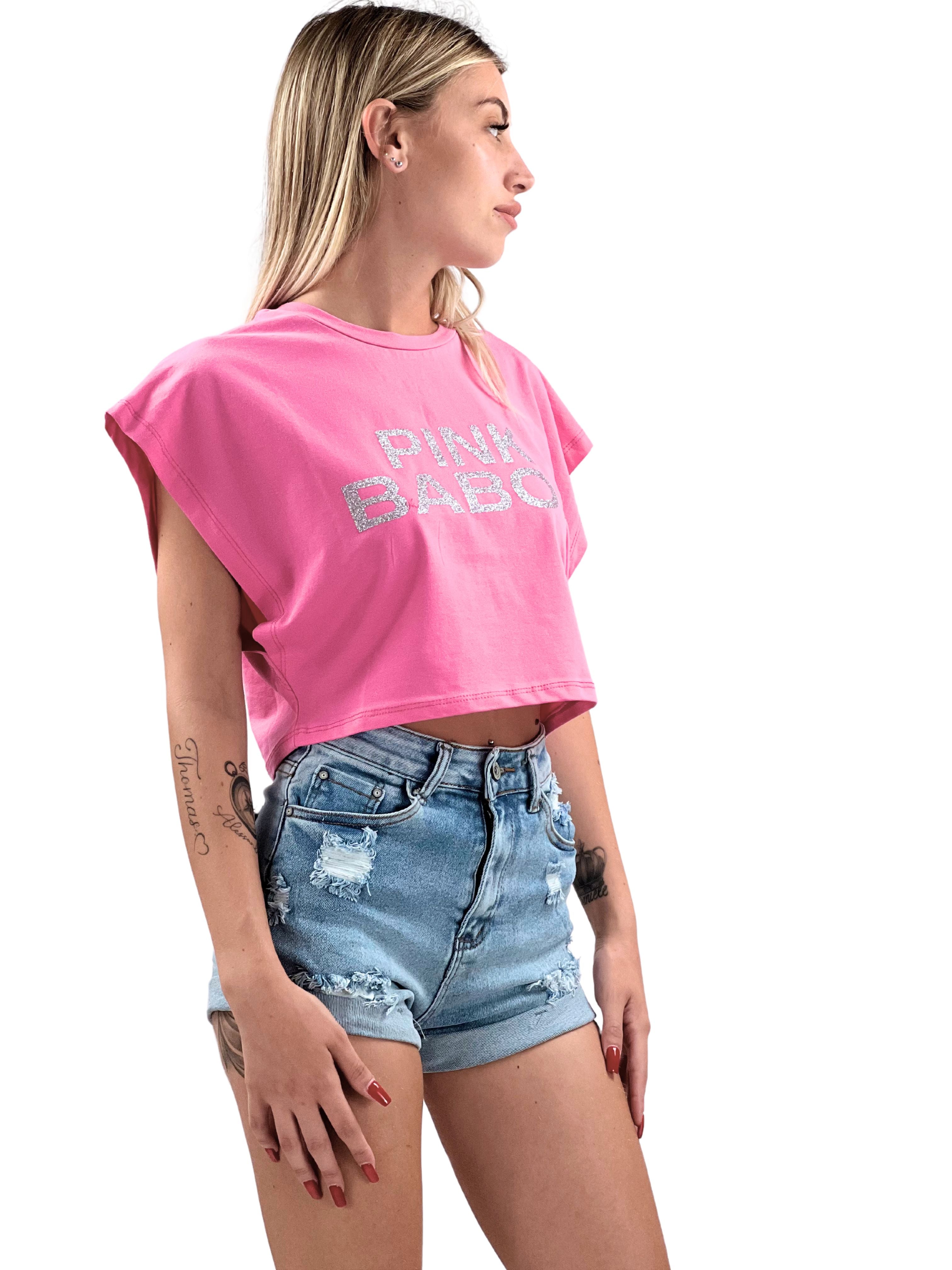 T-Shirt crop smanicata Pink Babol glitter Silver Edition-Pink Babol