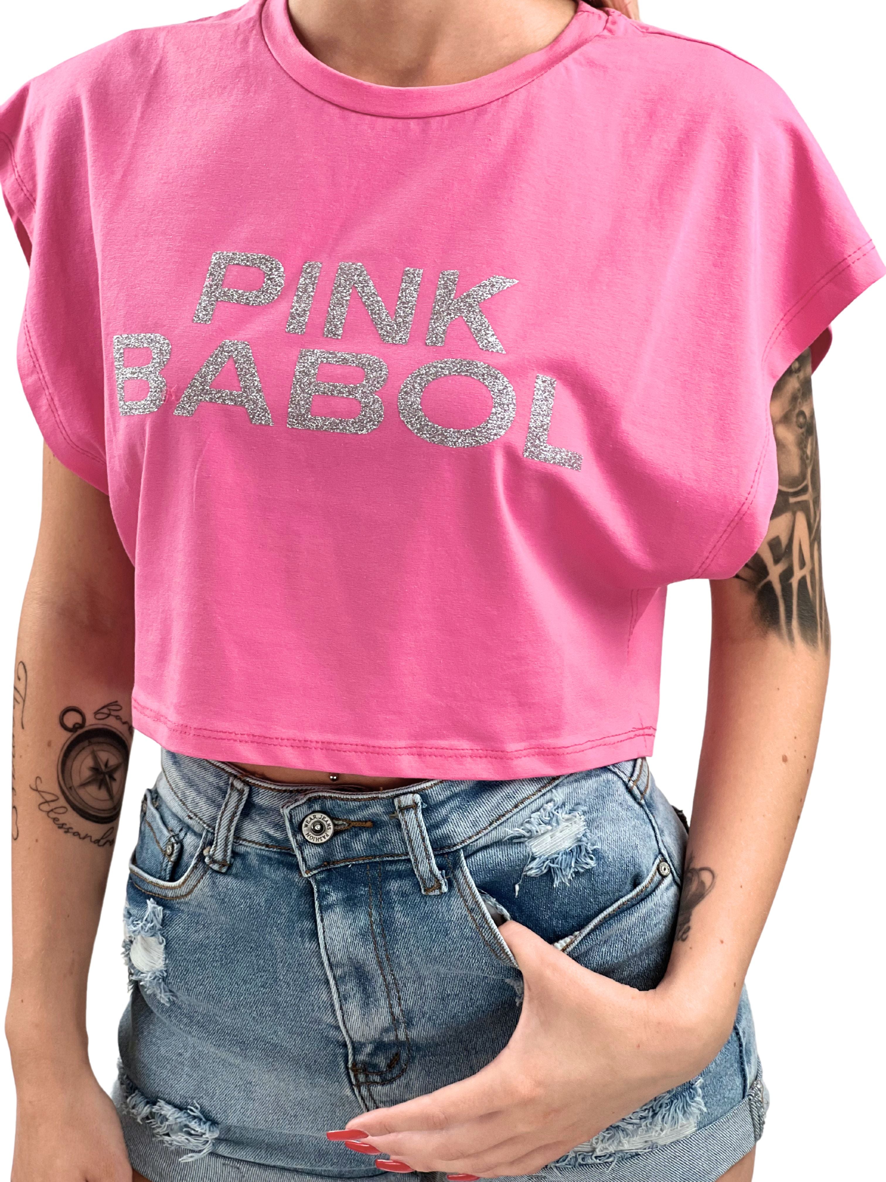 T-Shirt crop smanicata Pink Babol glitter Silver Edition-Pink Babol