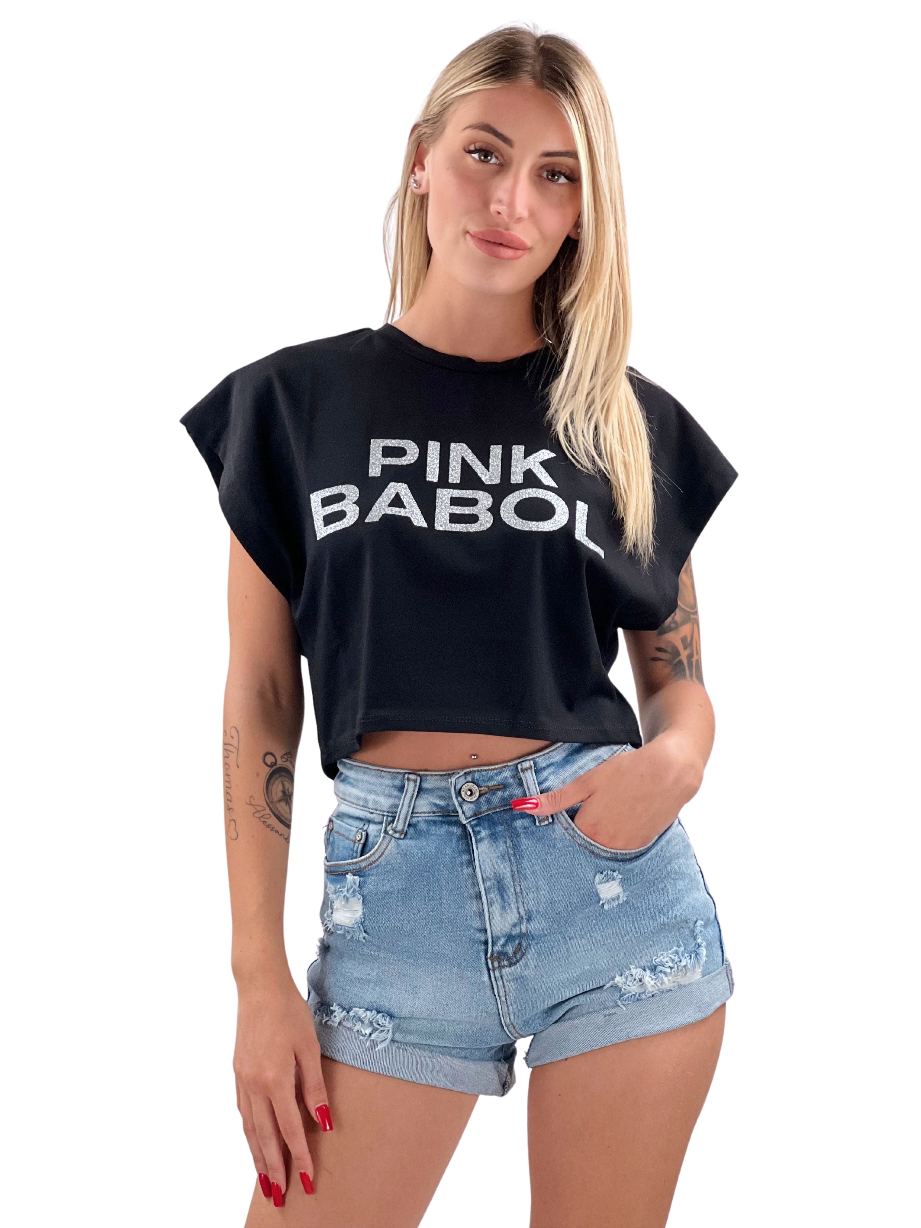 T-Shirt crop smanicata Pink Babol glitter Silver Edition-Pink Babol