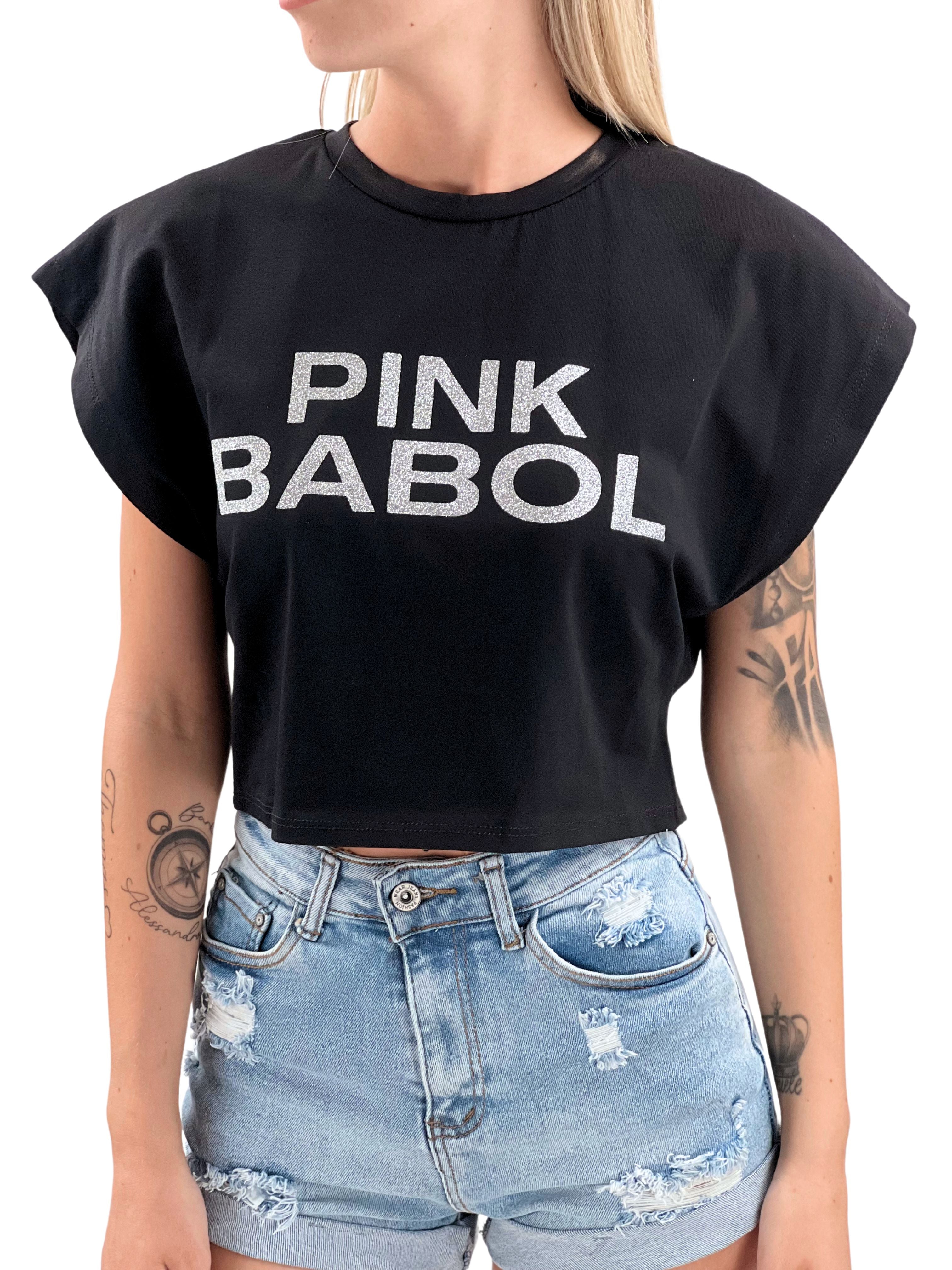 T-Shirt crop smanicata Pink Babol glitter Silver Edition-Pink Babol