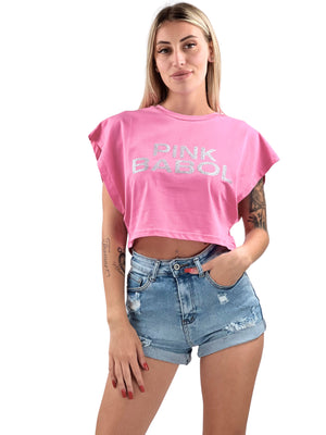 T-Shirt crop smanicata Pink Babol glitter Silver Edition-Pink Babol