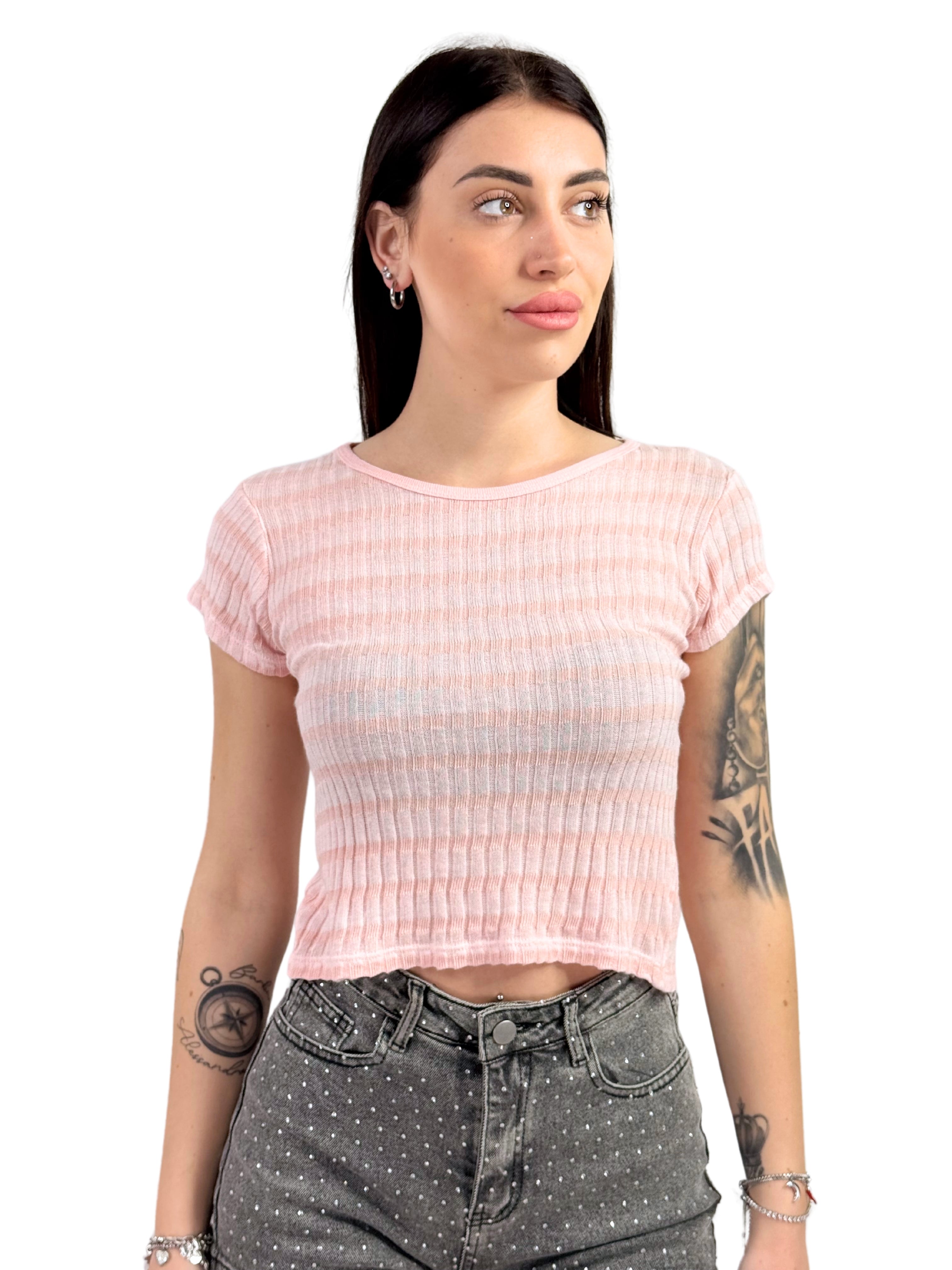 T-shirt a costine rigata-Pink Babol
