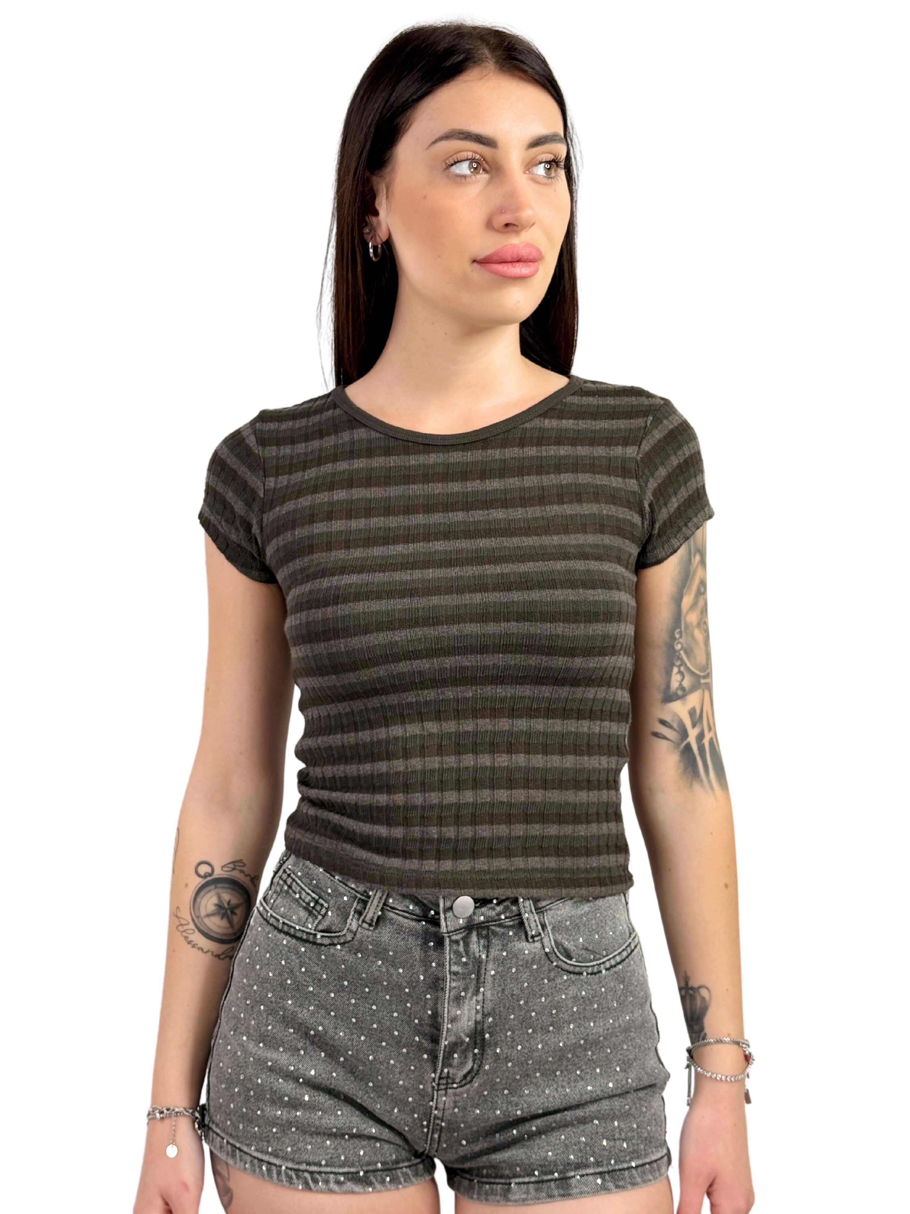 T-shirt a costine rigata-Pink Babol