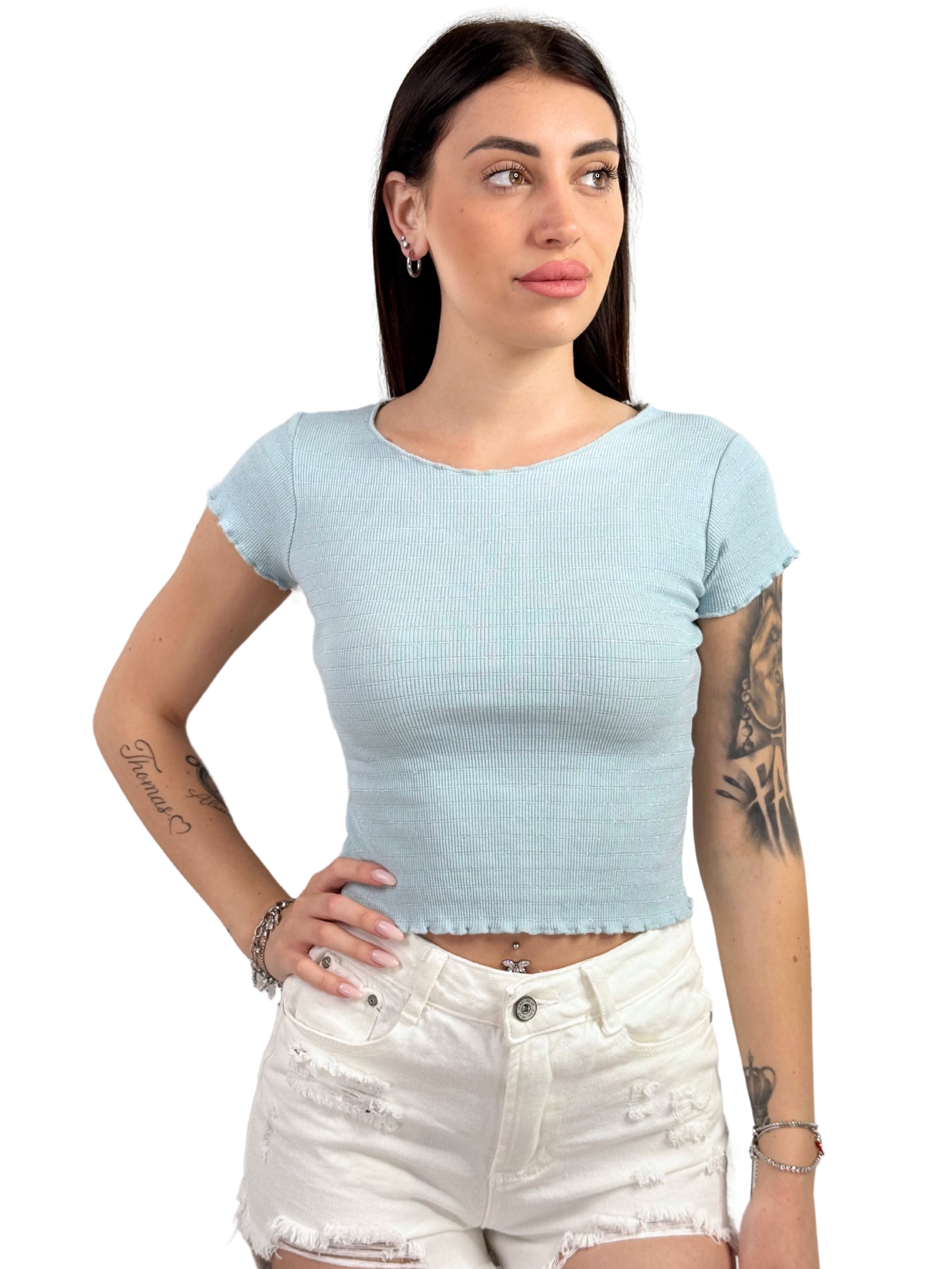 T-shirt crop a costine rigata con lurex-Pink Babol