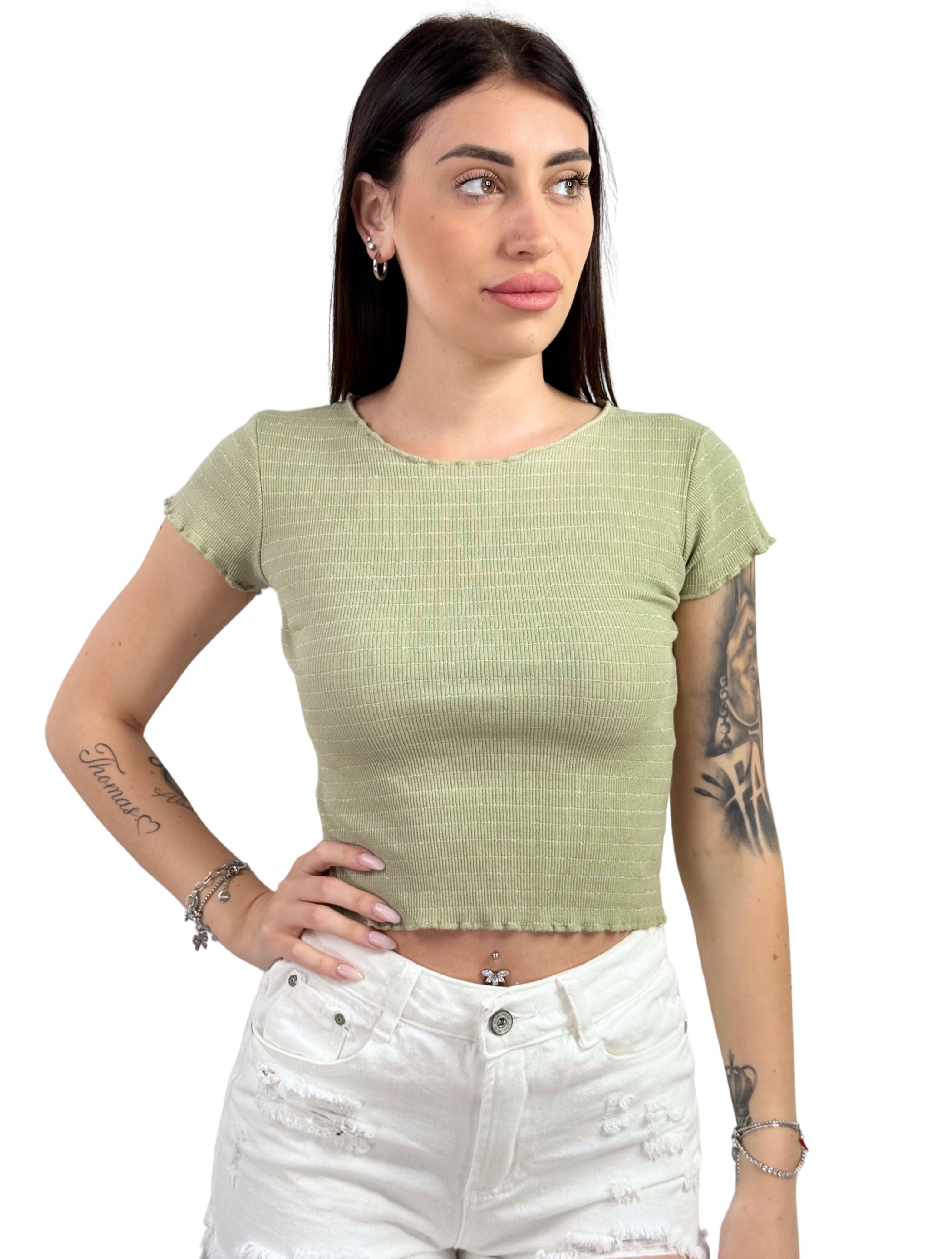 T-shirt crop a costine rigata con lurex-Pink Babol