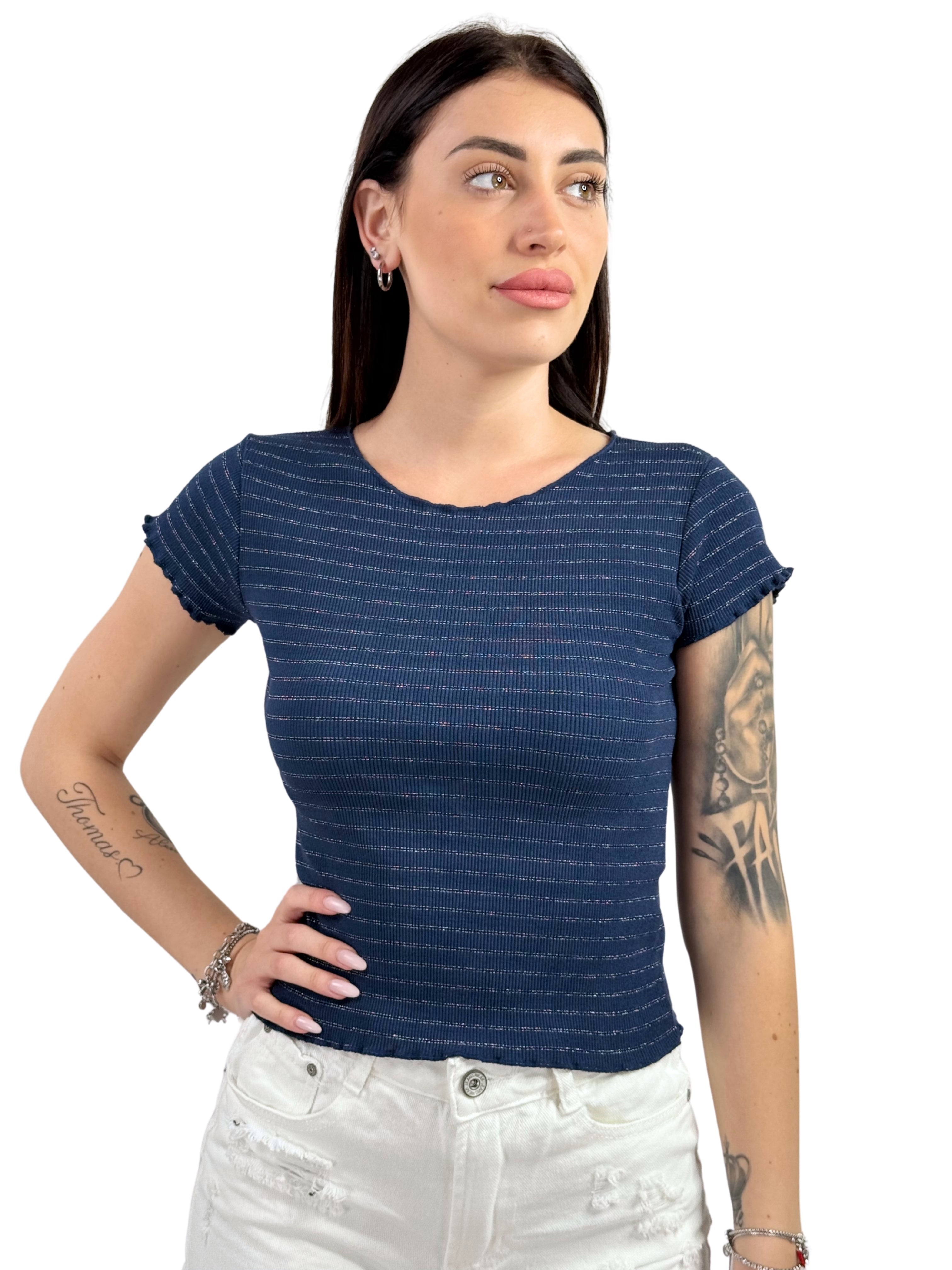 T-shirt crop a costine rigata con lurex-Pink Babol