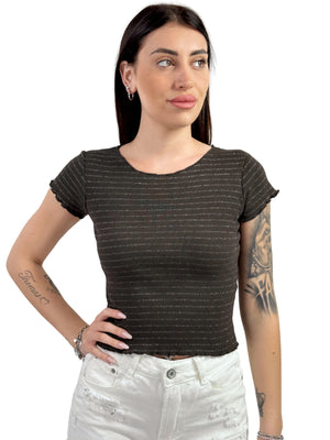 T-shirt crop a costine rigata con lurex-Pink Babol